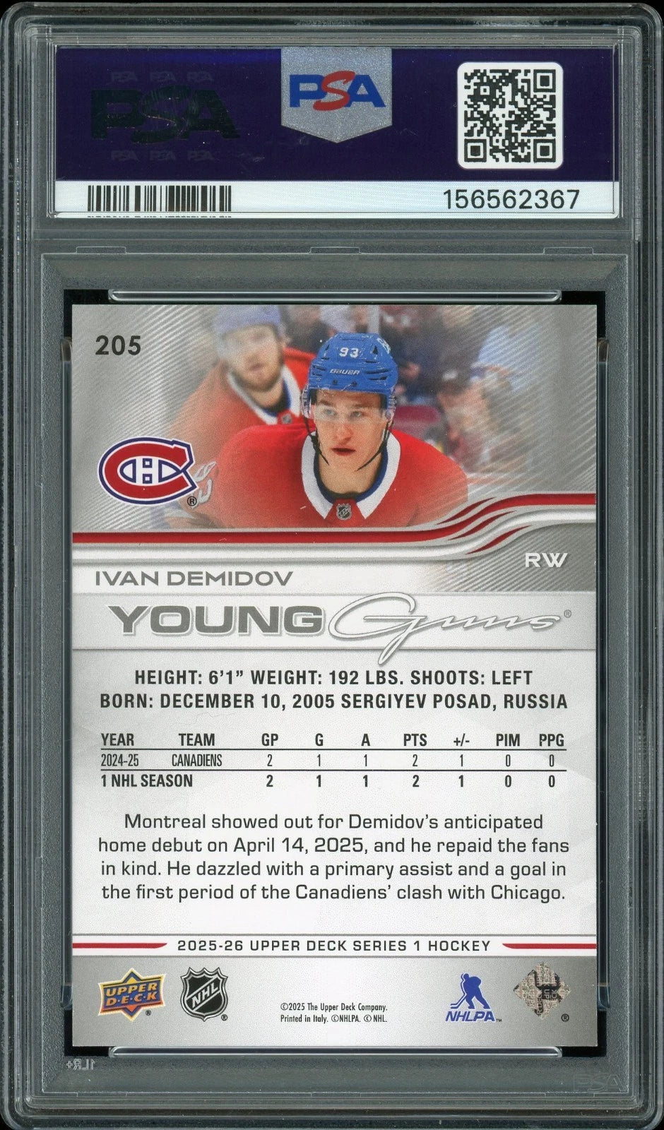 2025 Upper Deck #205 Ivan Demidov PSA 9 Mint