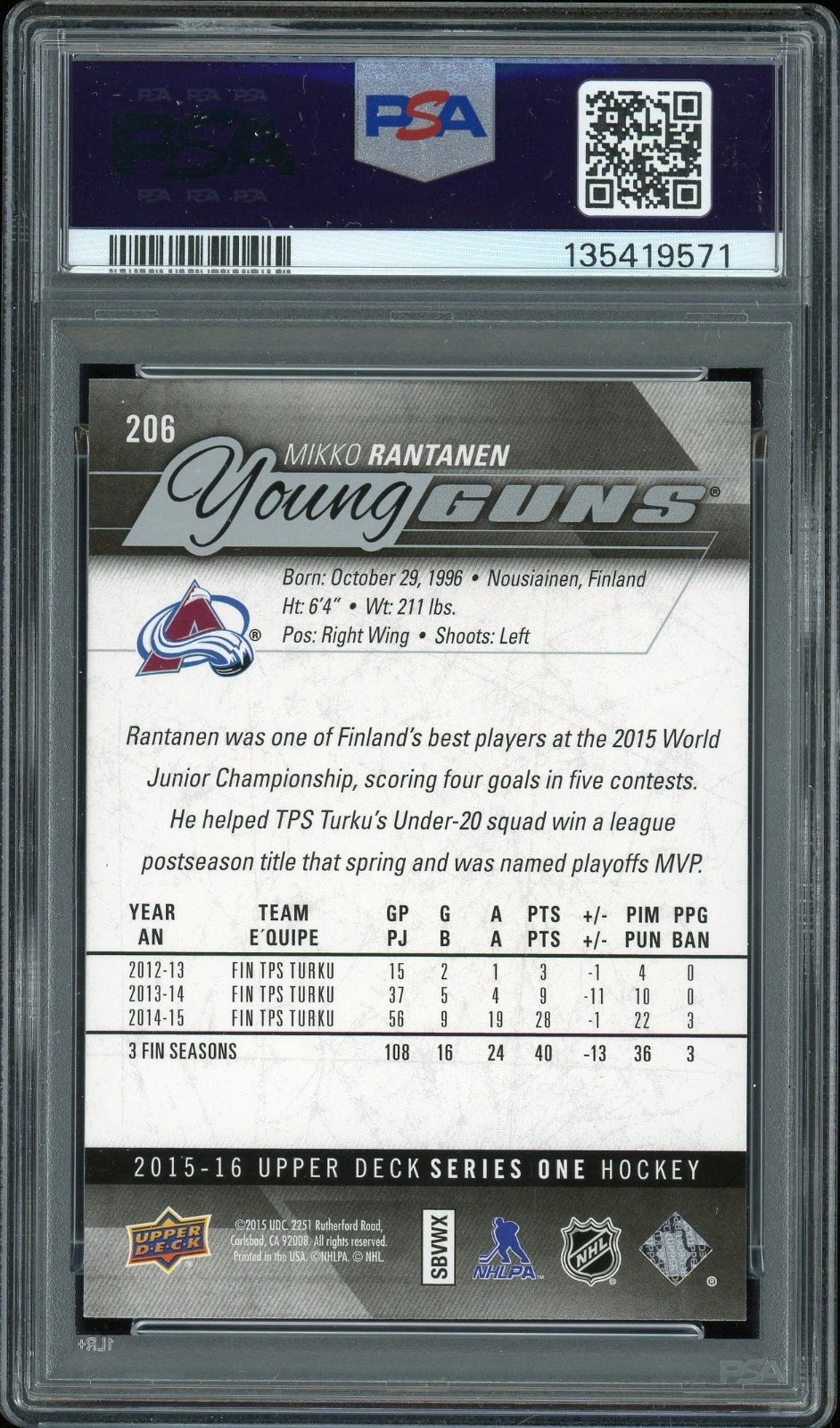 2015 Upper Deck #206 Mikko Rantanen PSA 9 Mint