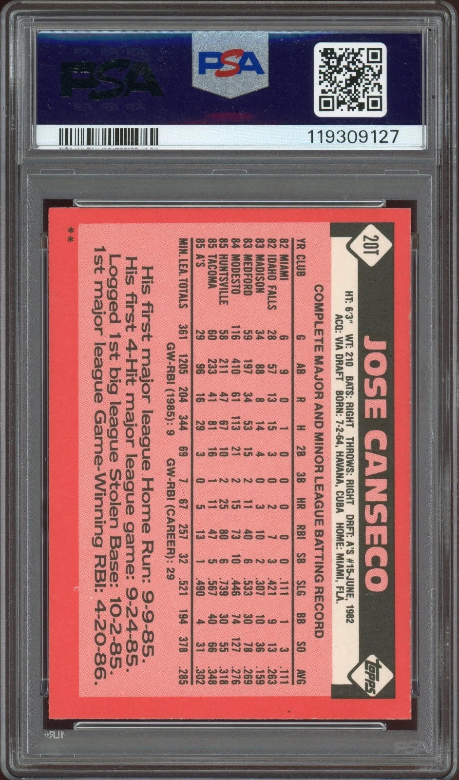 1986 Topps Traded #20T Jose Canseco PSA 9 Mint