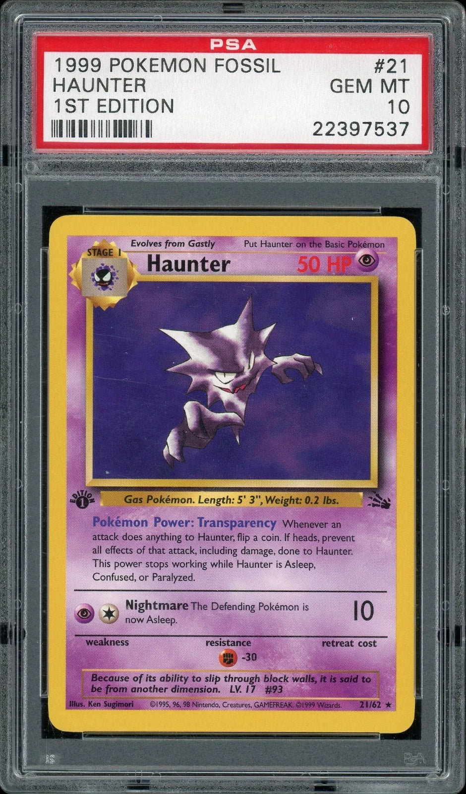 1999 Pokemon Fossil 1st Edition #21 Haunter PSA 10 GEM MT