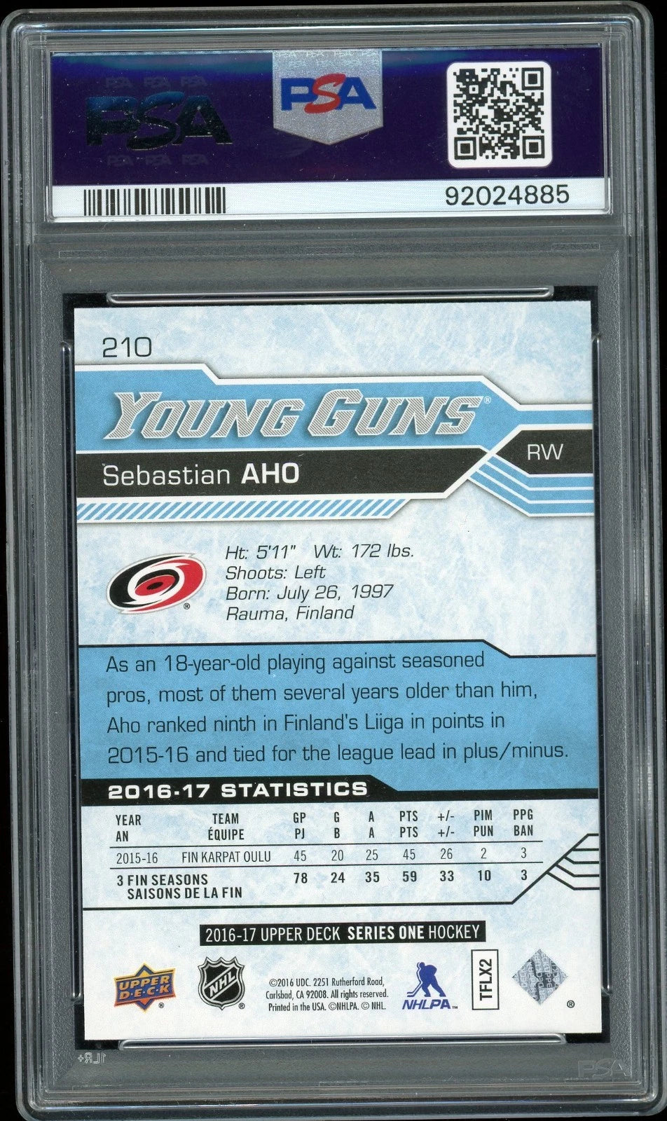 2016 Upper Deck #210 Sebastian Aho PSA 10 GEM MT