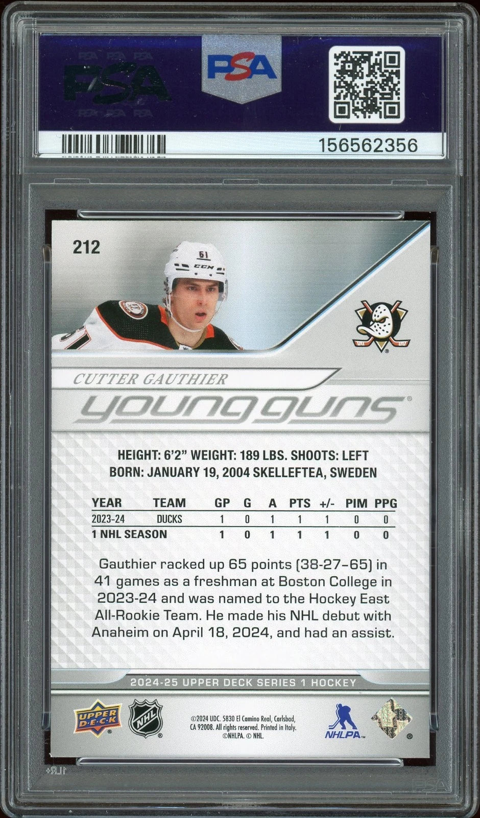 2024 Upper Deck #212 Cutter Gauthier PSA 8 NM-MT