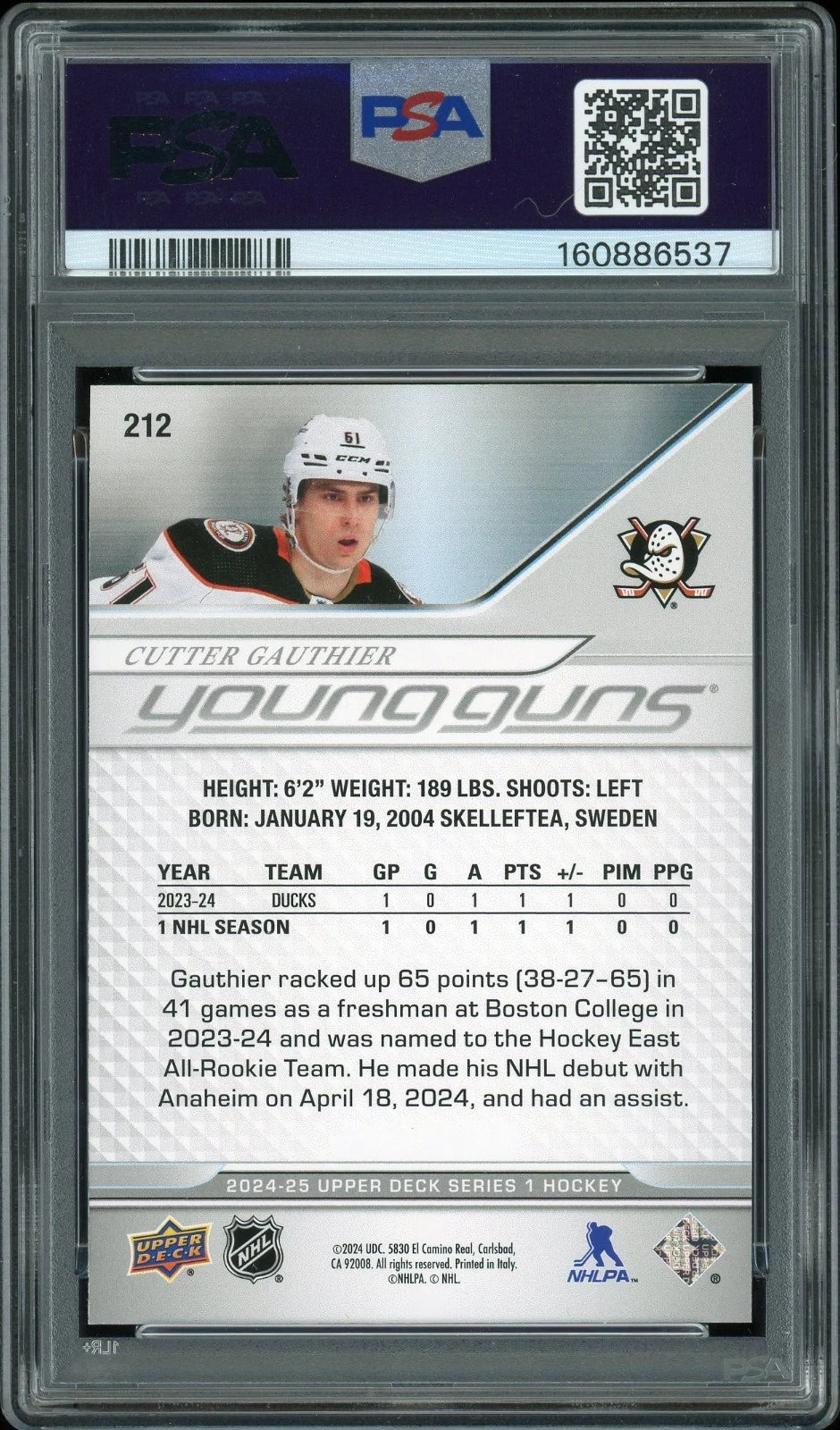 2024 Upper Deck #212 Cutter Gauthier PSA 7 NM