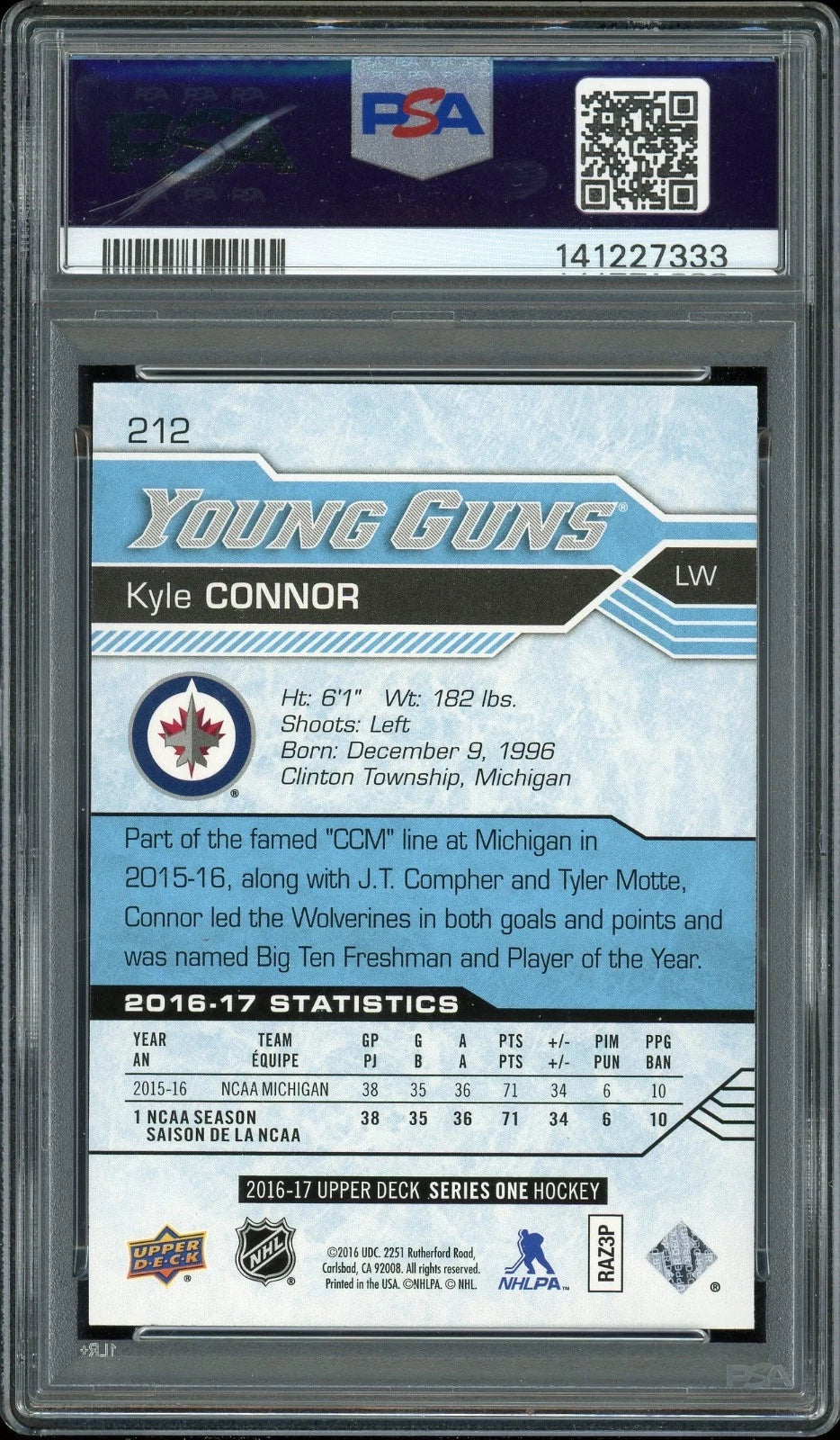 2016 Upper Deck #212 Kyle Connor PSA 9 Mint