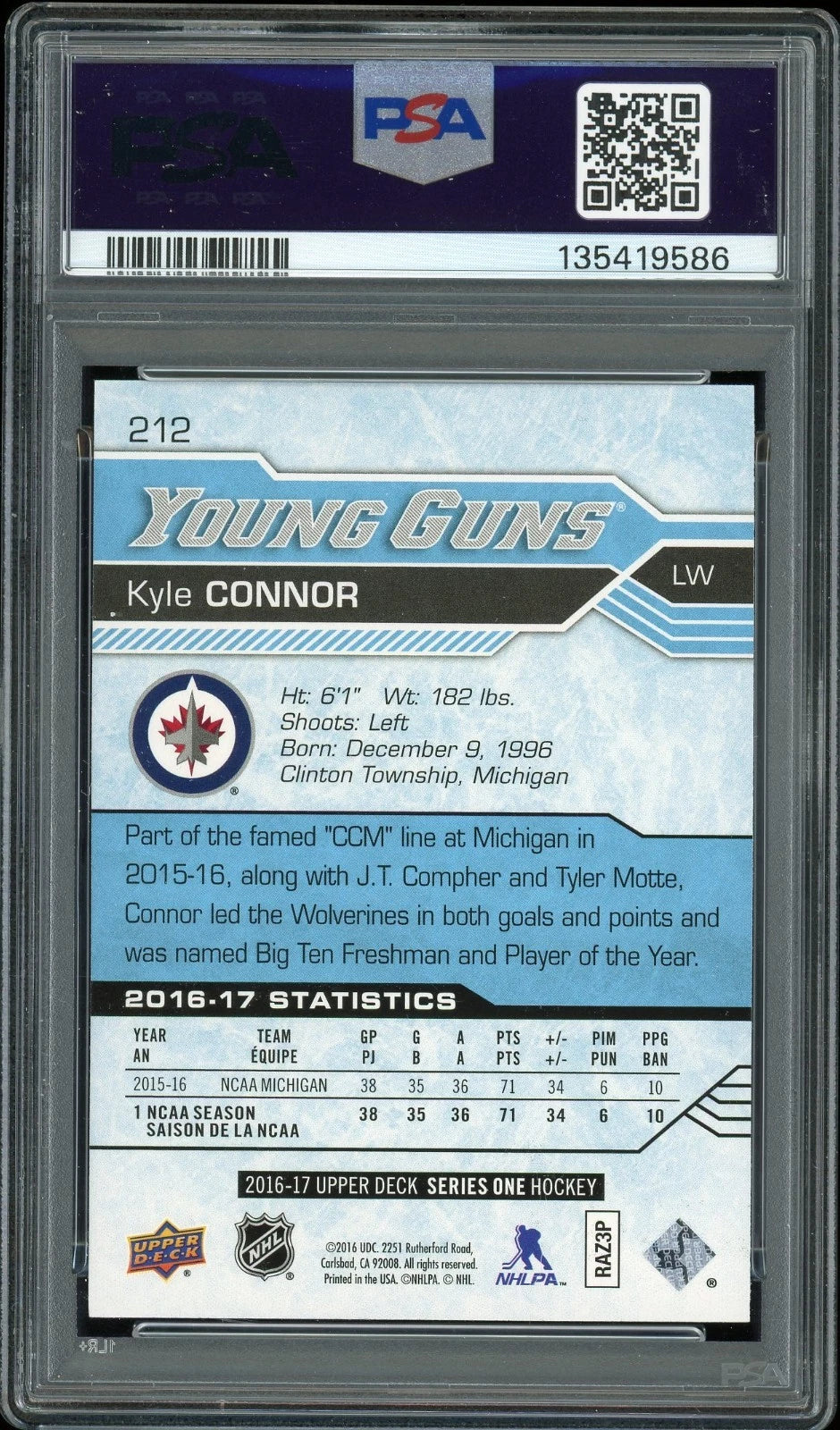 2016 Upper Deck #212 Kyle Connor PSA 10 GEM MT