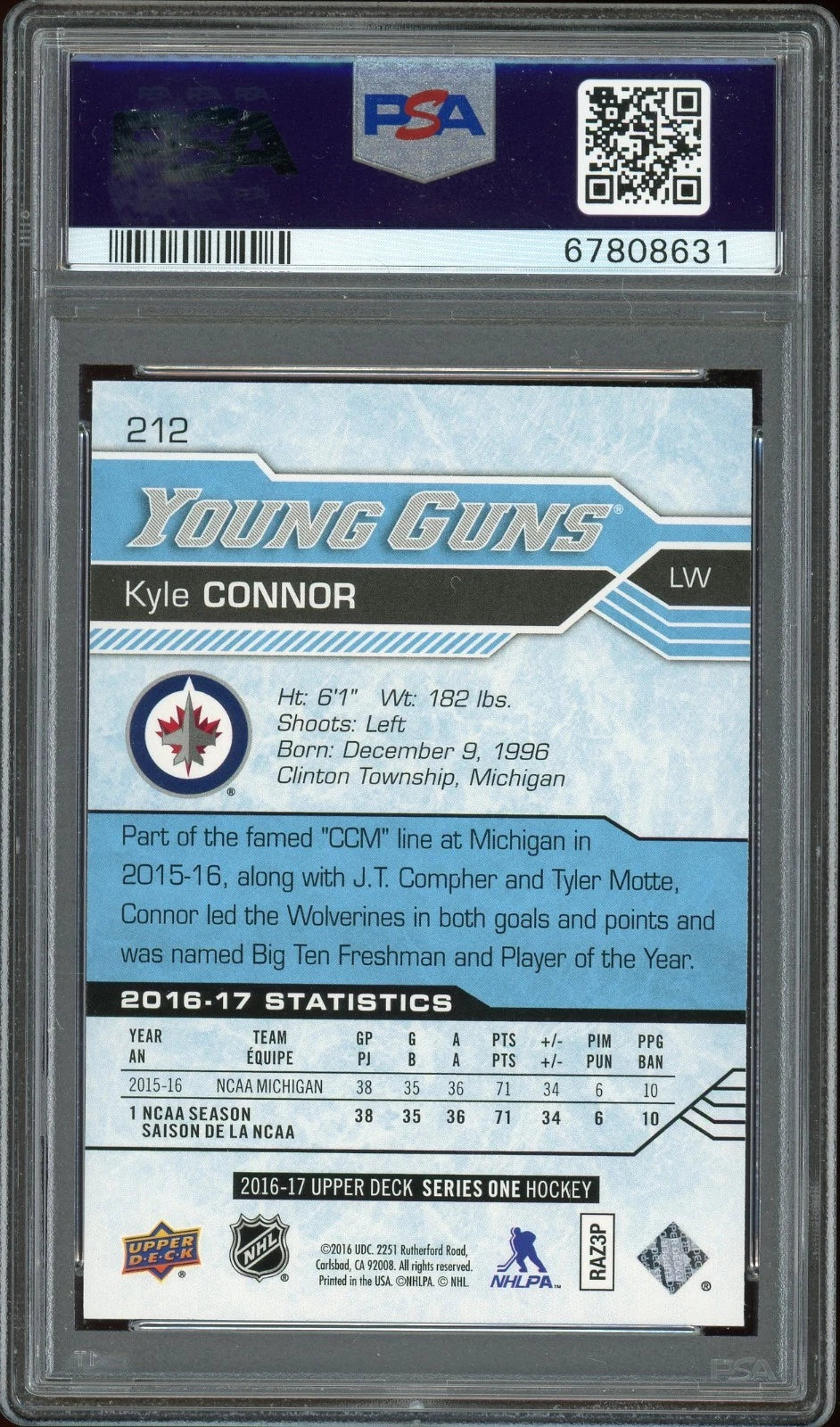 2016 Upper Deck #212 Kyle Connor PSA 10 GEM MT