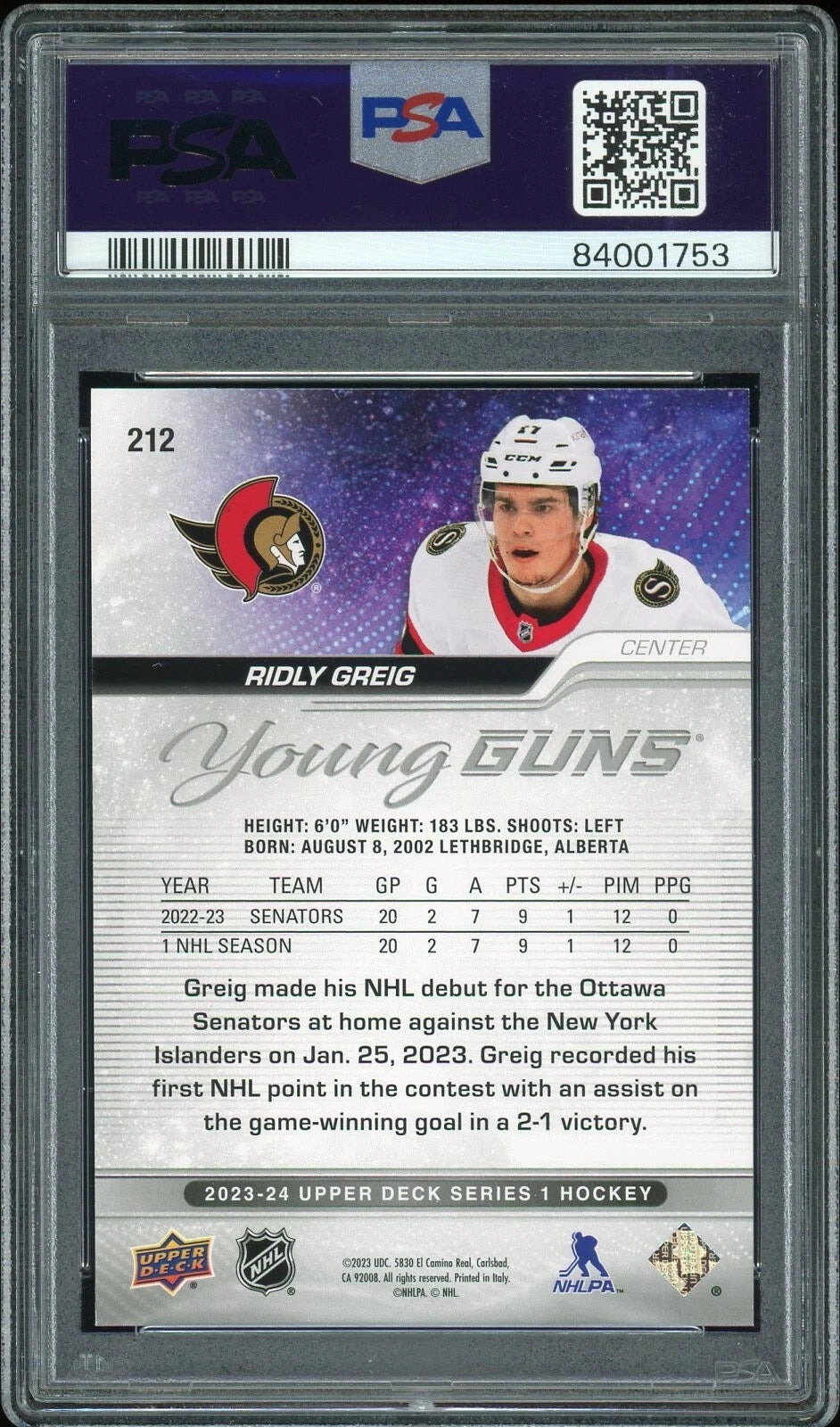 2023 Upper Deck #212 Ridly Greig PSA 10 GEM MT