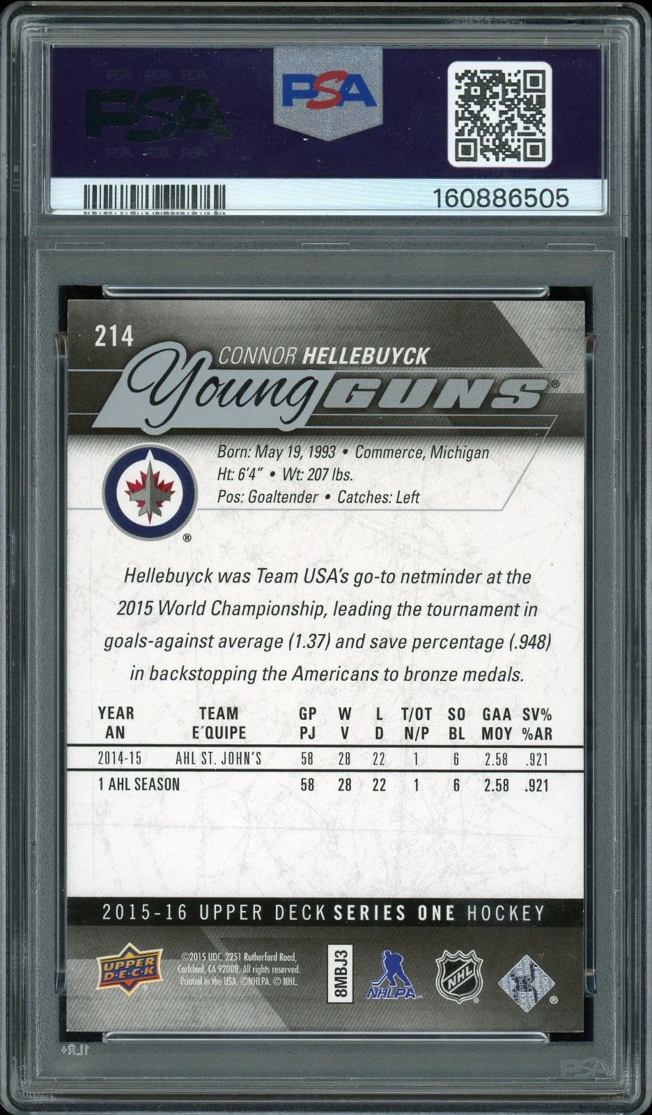 2015 Upper Deck #214 Connor Hellebuyck PSA 10 GEM MT