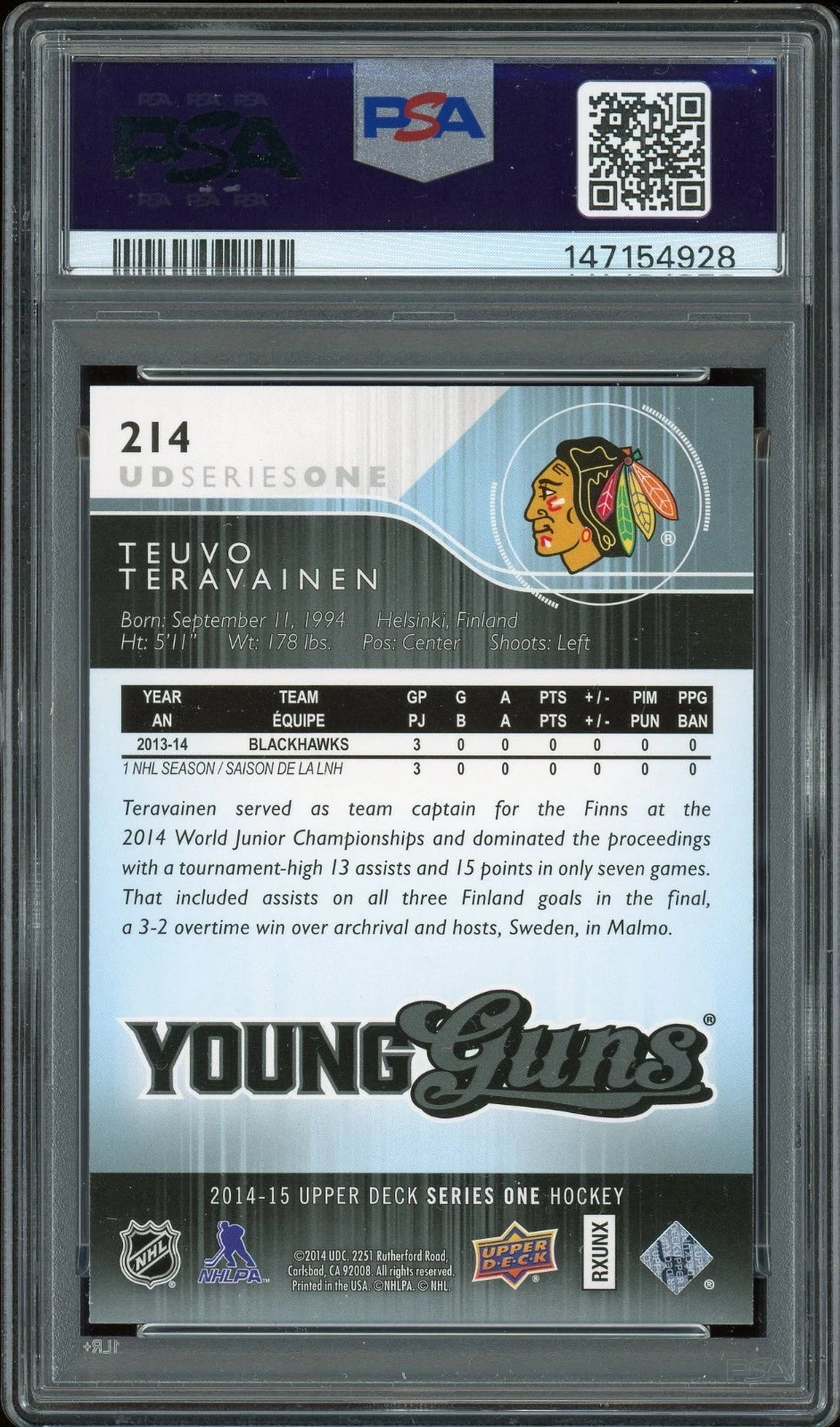 2014 Upper Deck #214 Teuvo Teravainen PSA 10 GEM MT