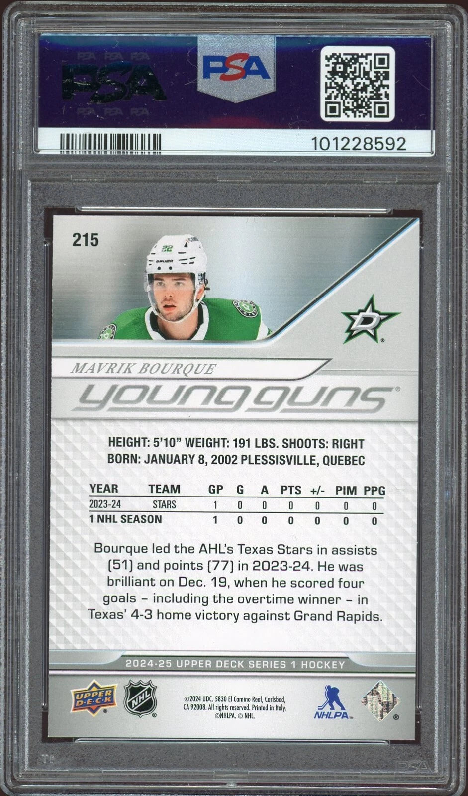 2024 Upper Deck #215 Mavrik Bourque PSA 8 NM-MT