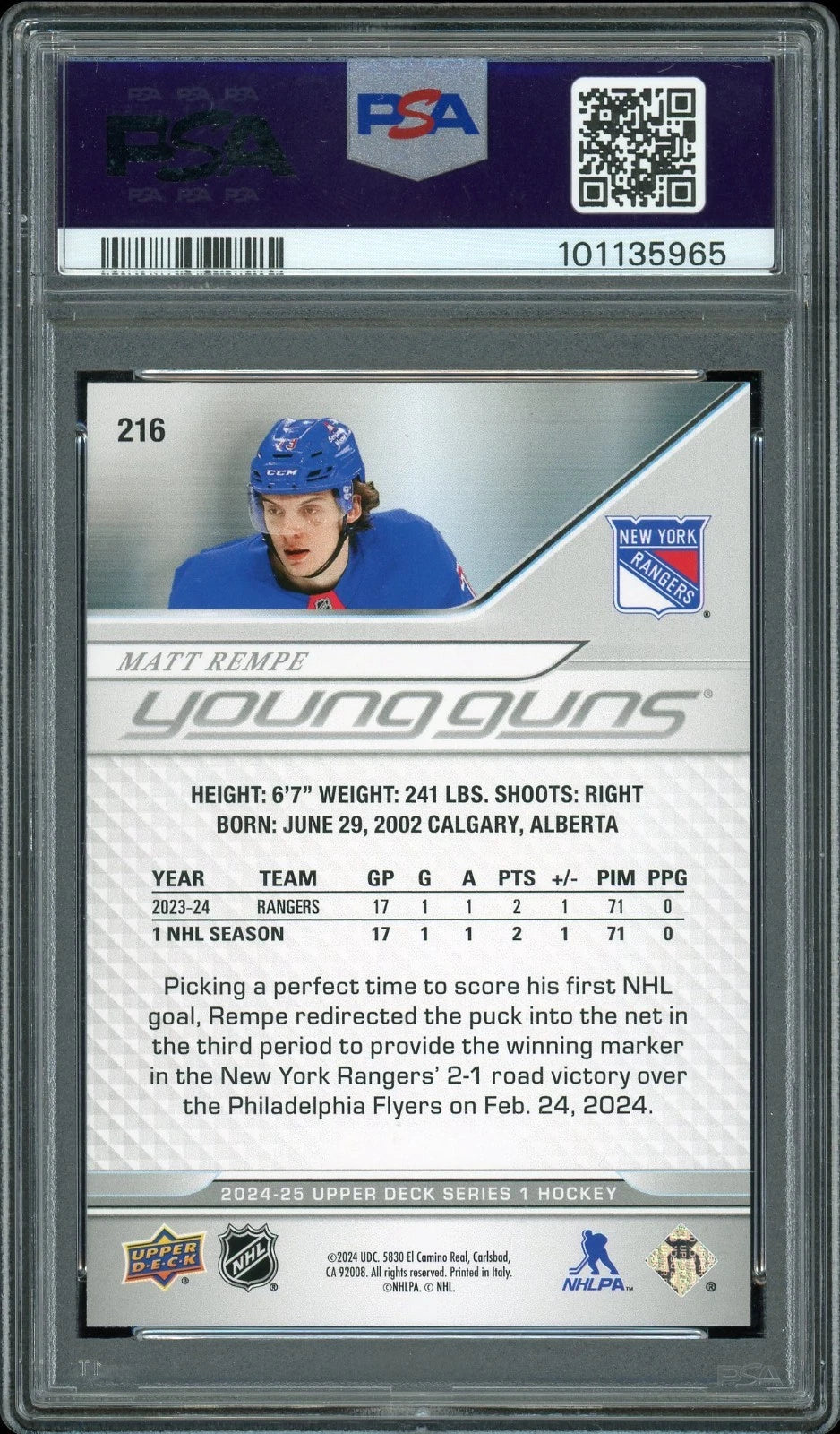 2024 Upper Deck #216 Matt Rempe PSA 10 GEM MT