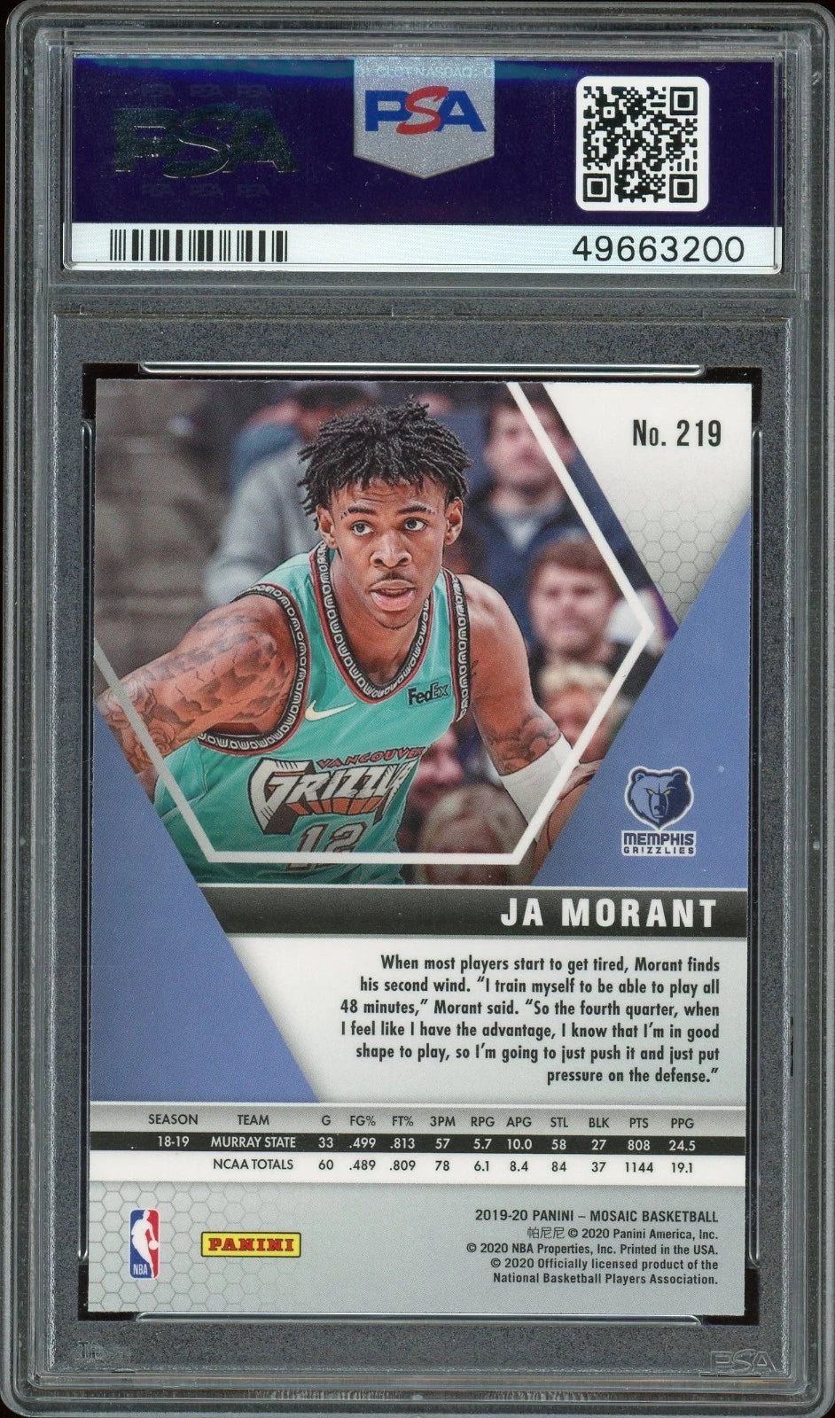 2019 Panini Mosaic #219 Ja Morant PSA 10 GEM MT