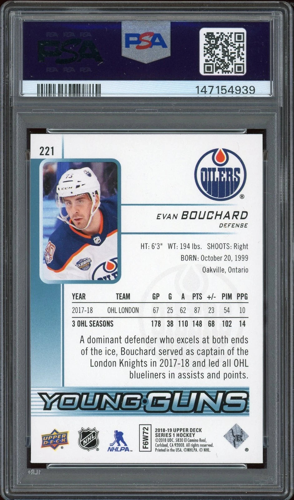 2018 Upper Deck #221 Evan Bouchard PSA 9 Mint