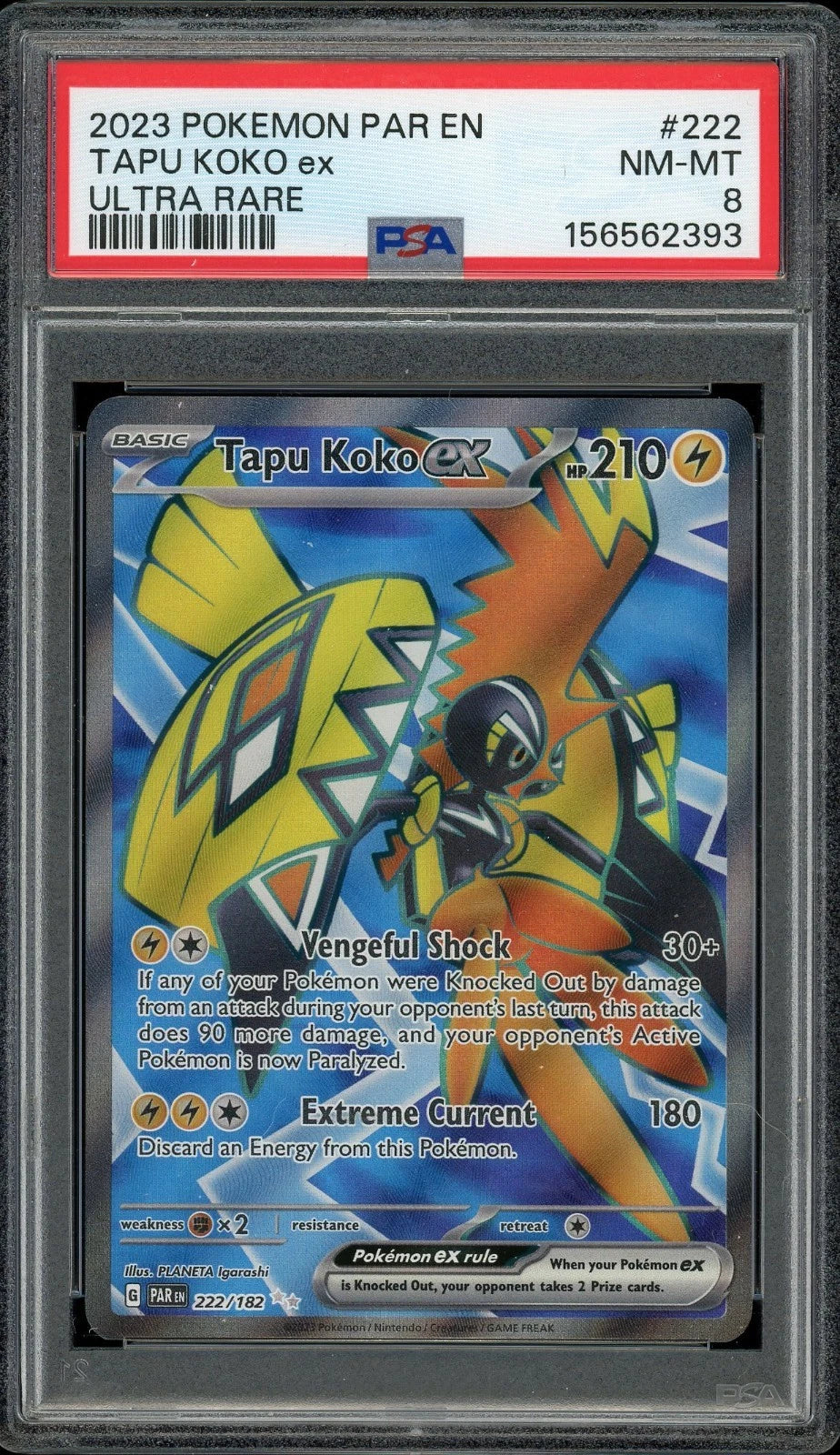 2023 Pokemon Paradox Rift EN #222 Tapu Koko ex Ultra Rare PSA 8 NM-MT