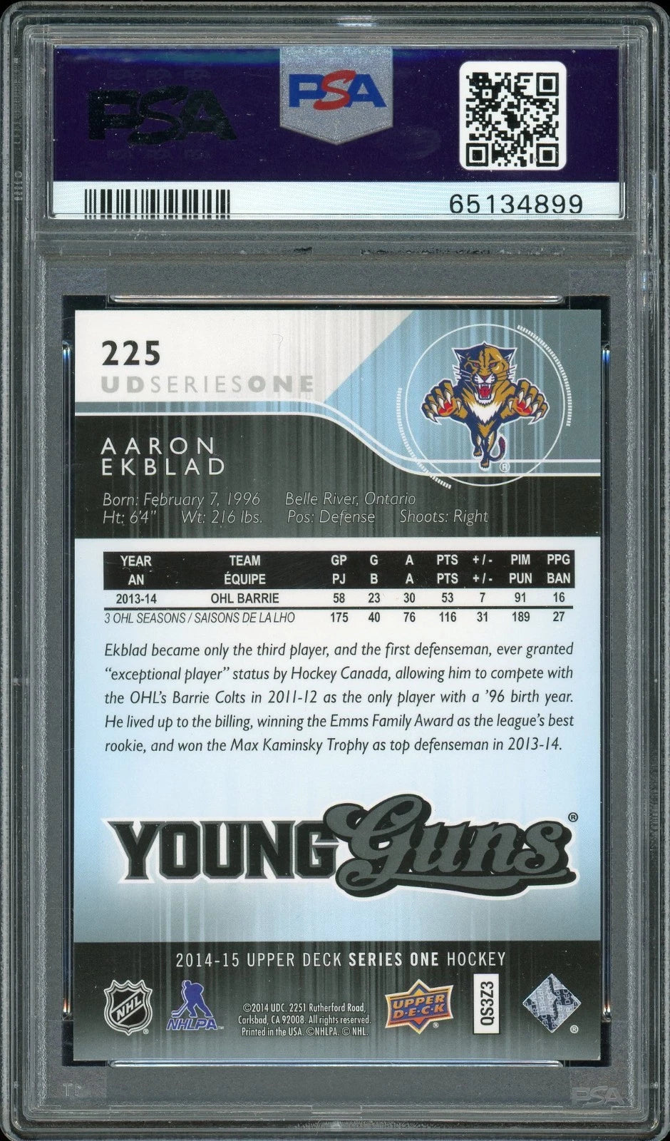 2014 Upper Deck #225 Aaron Ekblad UD Exclusives PSA 9 Mint