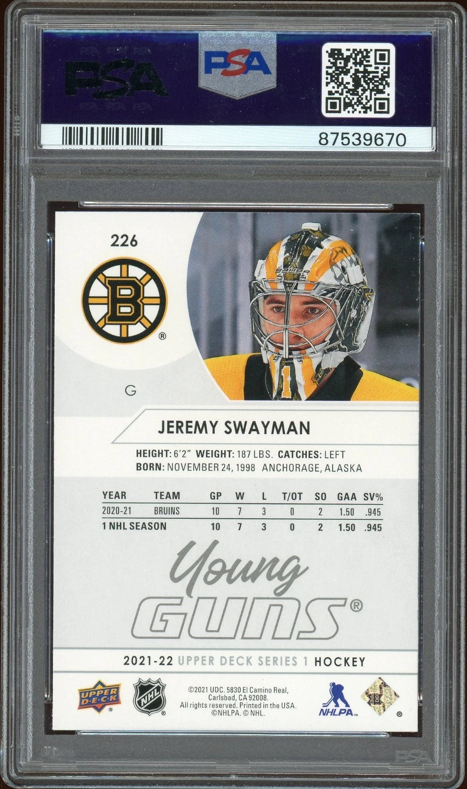 2021 Upper Deck #226 Jeremy Swayman PSA 9 Mint