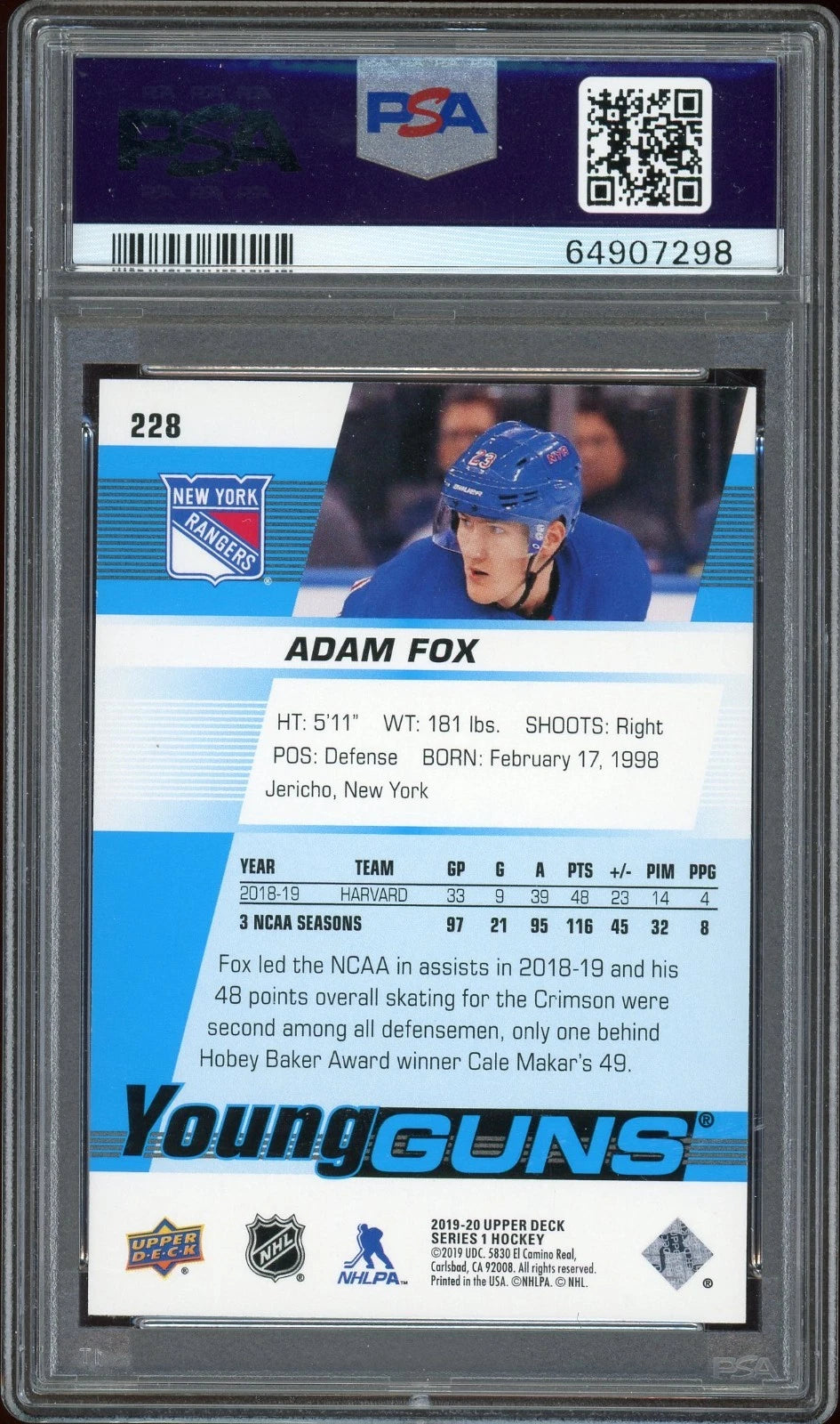 2019 Upper Deck #228 Adam Fox PSA 9 Mint