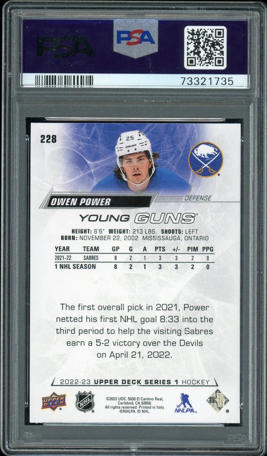 2022 Upper Deck #228 Owen Power PSA 10 GEM MT