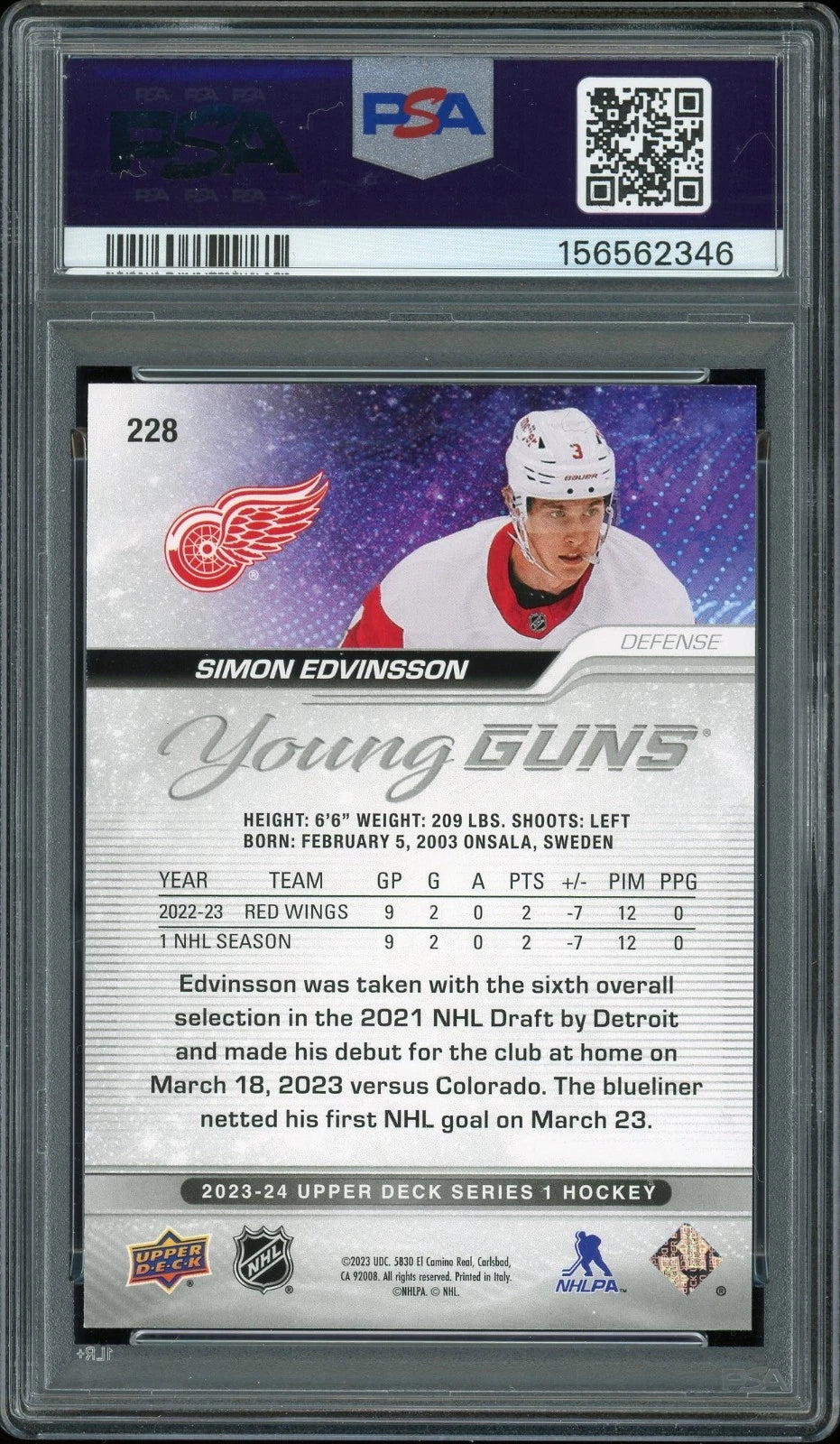 2023 Upper Deck #228 Simon Edvinsson PSA 9 Mint