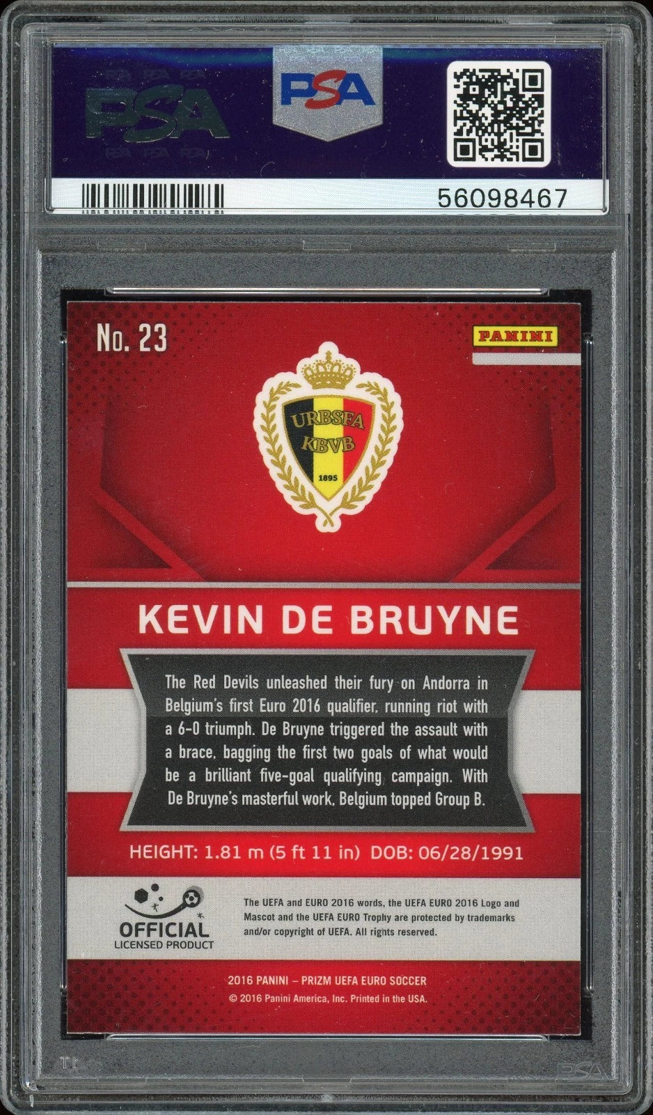2016 Panini Prizm UEFA #23 Kevin De Bruyne PSA 10 GEM MT