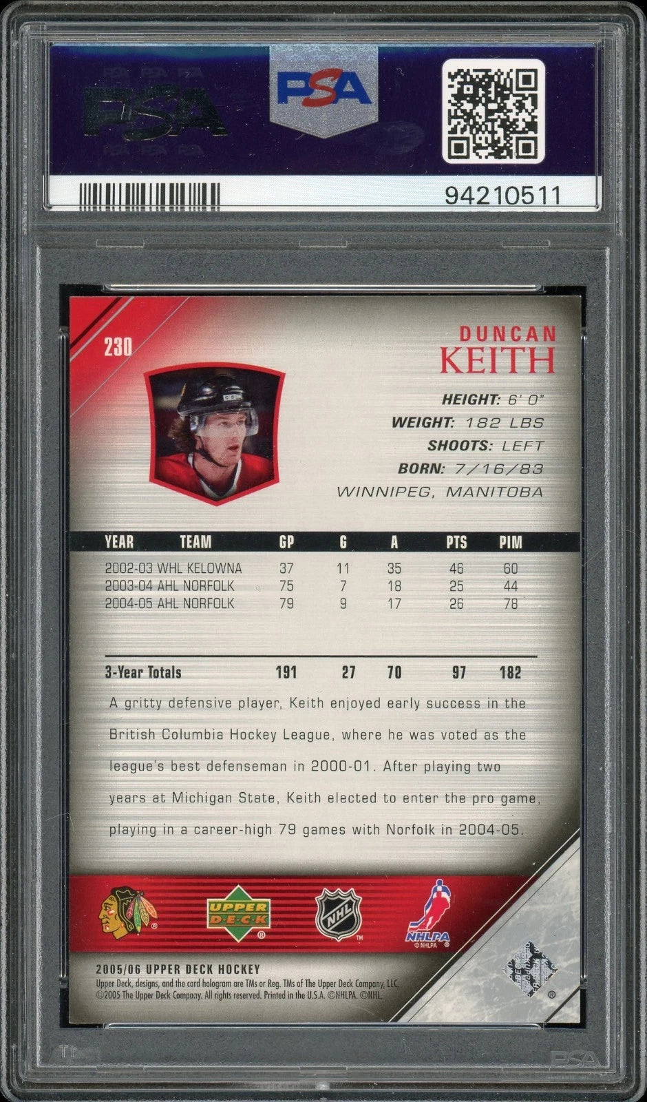 2005 Upper Deck #230 Duncan Keith PSA 9 Mint