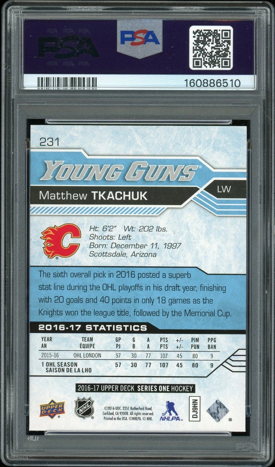 2016 Upper Deck #231 Matthew Tkachuk PSA 8 NM-MT