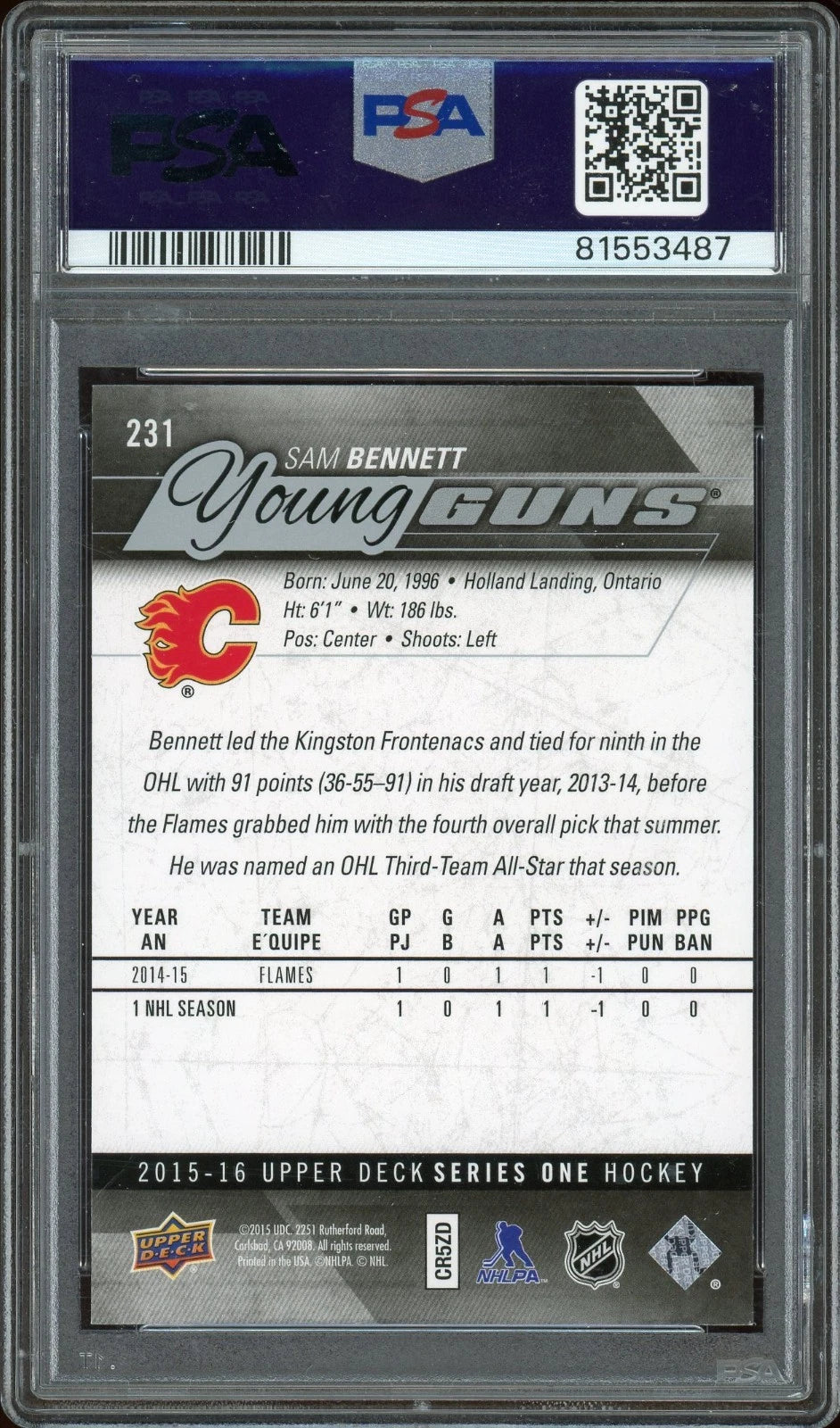 2015 Upper Deck #231 Sam Bennett PSA 9 Mint
