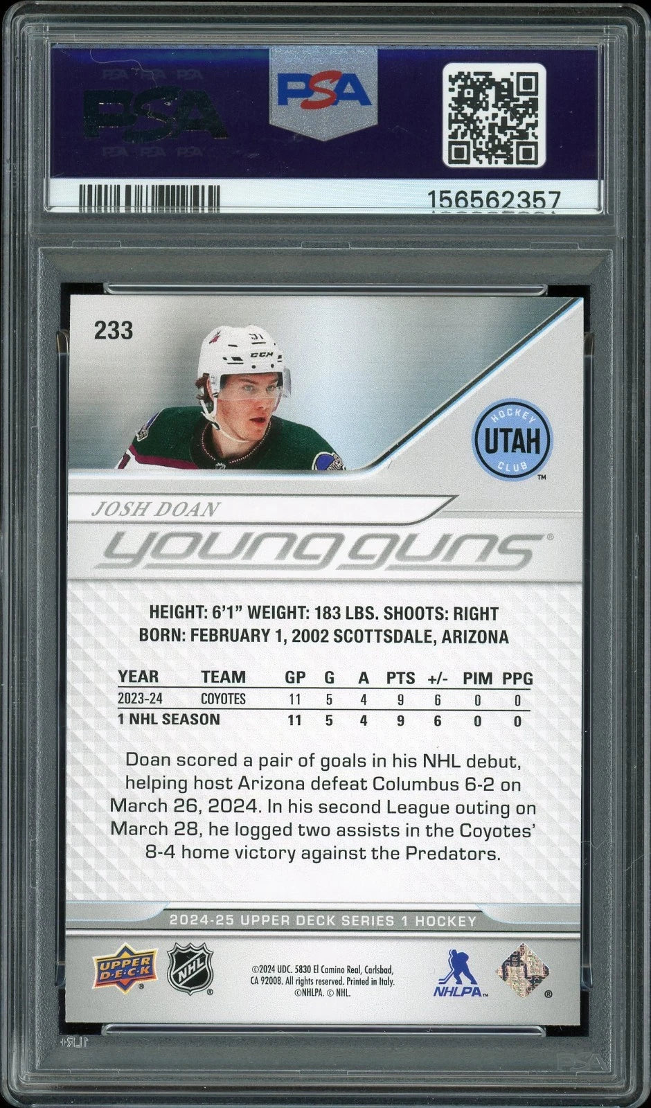 2024 Upper Deck #233 Josh Doan PSA 6 EX-MT