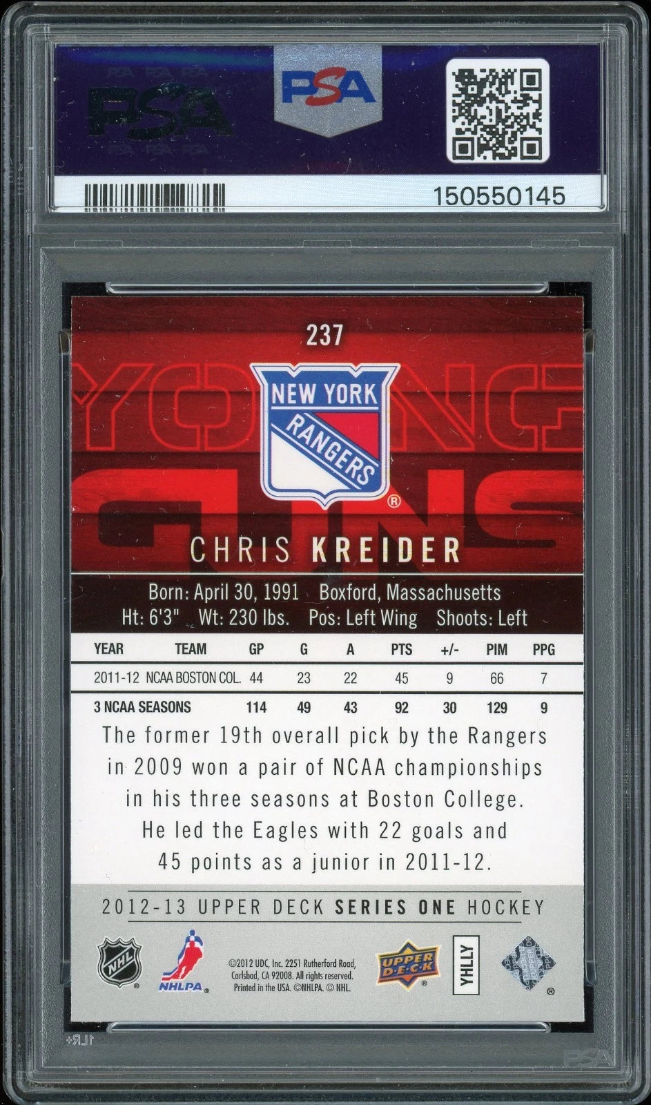 2012 Upper Deck #237 Chris Kreider PSA 9 Mint