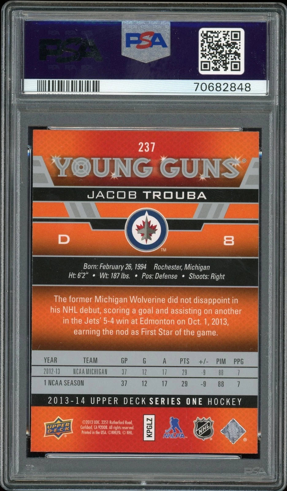 2013 Upper Deck #237 Jacob Trouba PSA 10 GEM MT
