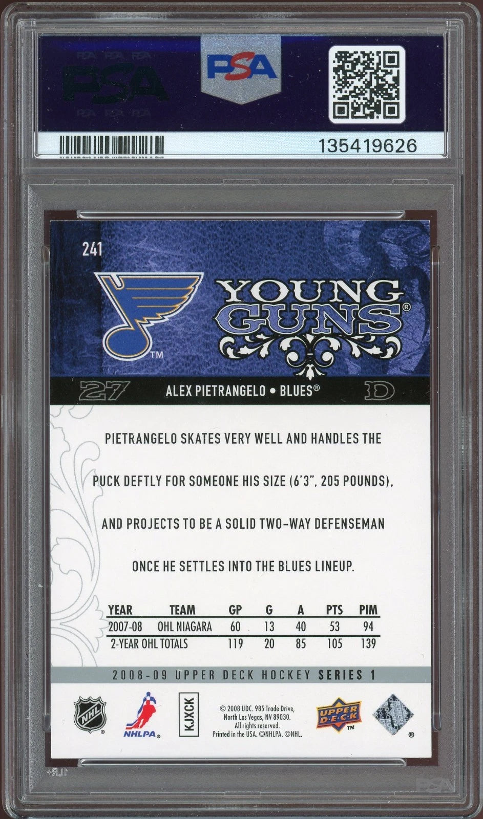 2008 Upper Deck #241 Alex Pietrangelo PSA 9 Mint