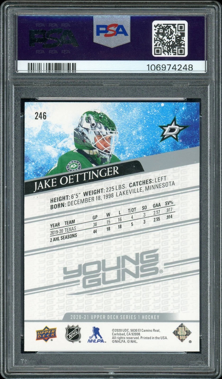 2020 Upper Deck #246 Jake Oettinger PSA 9 Mint