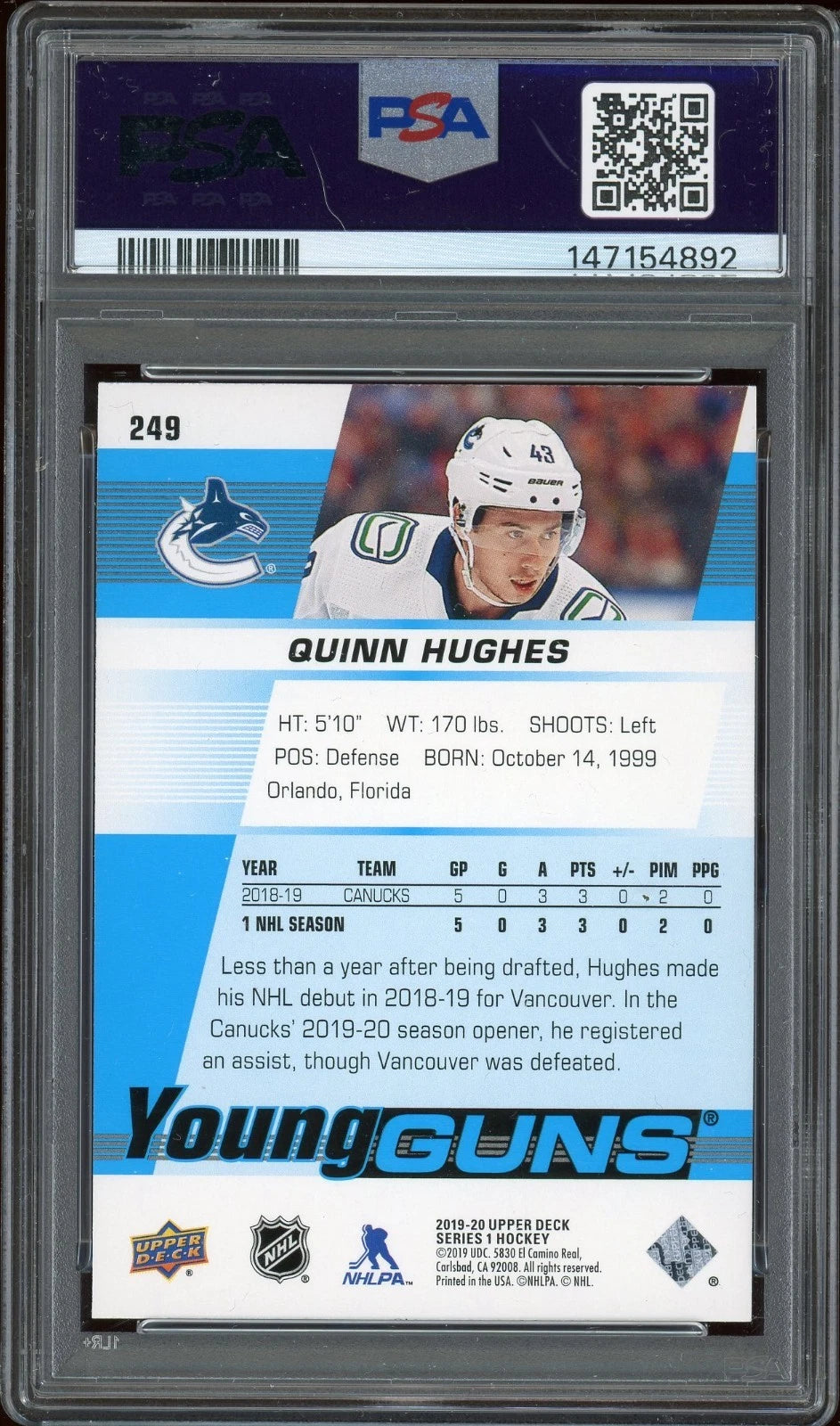 2019 Upper Deck #249 Quinn Hughes PSA 8 NM-MT