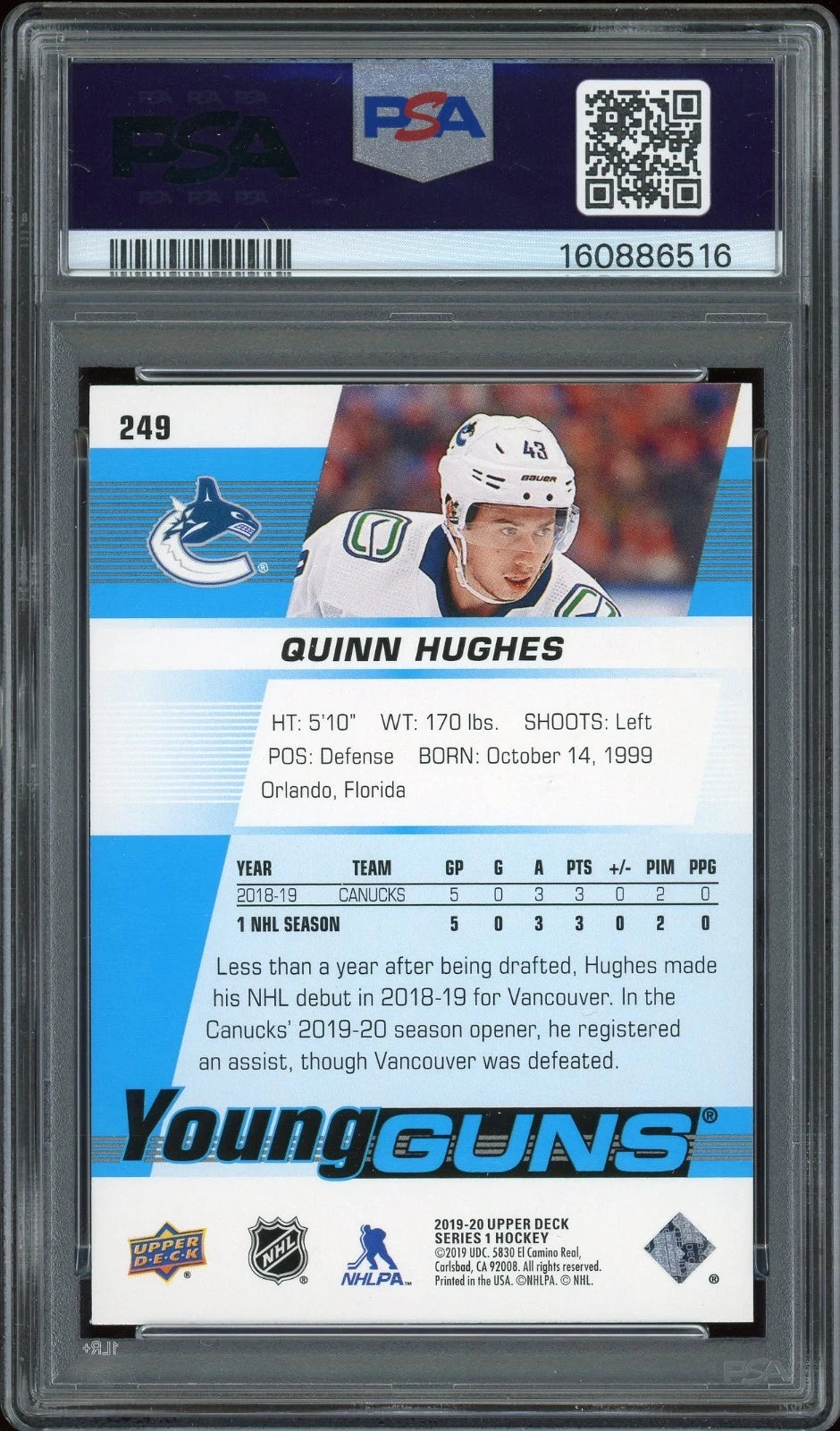 2019 Upper Deck #249 Quinn Hughes PSA 10 GEM MT