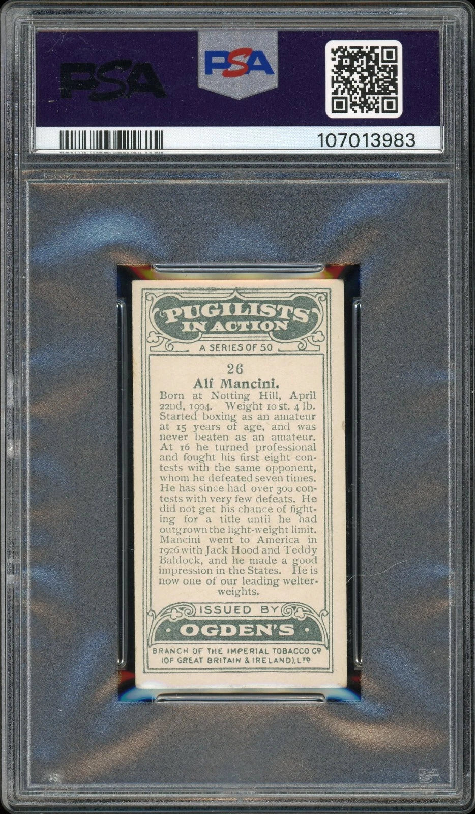 1928 Ogden's LTD #26 Alf Mancini Pugilists in Action PSA 4 VG-EX