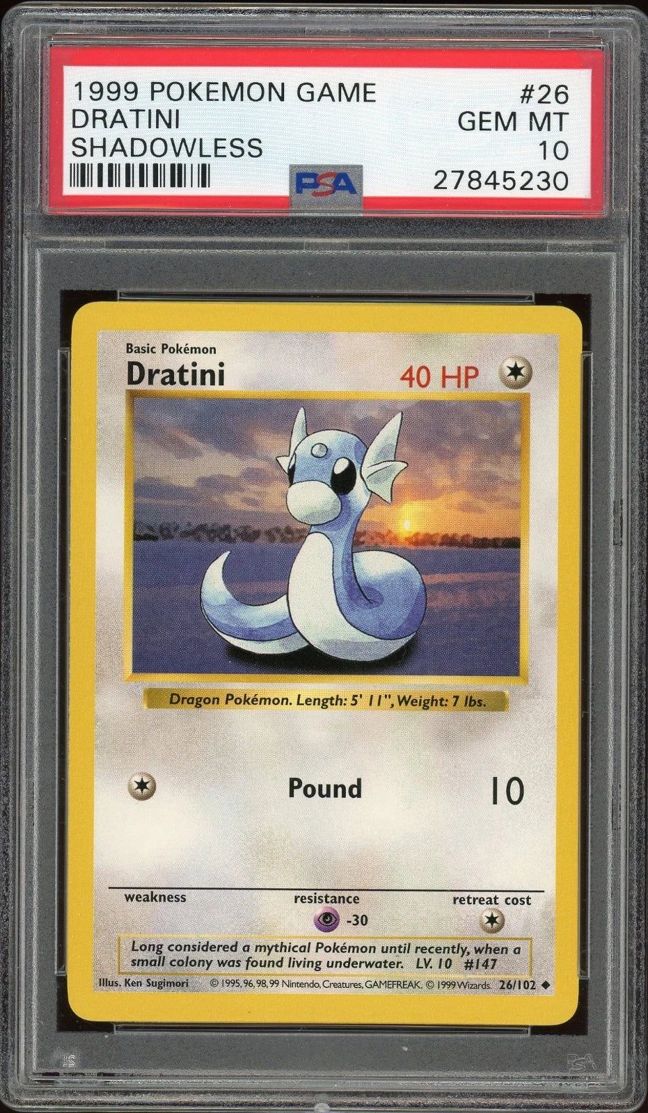 1999 Pokemon Game #26 Dratini Shadowless PSA 10 GEM MT