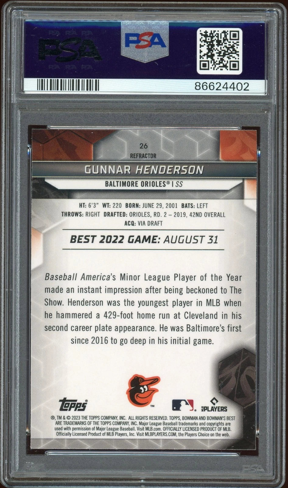 2023 Bowman's Best #26 Gunnar Henderson Refractor PSA 10