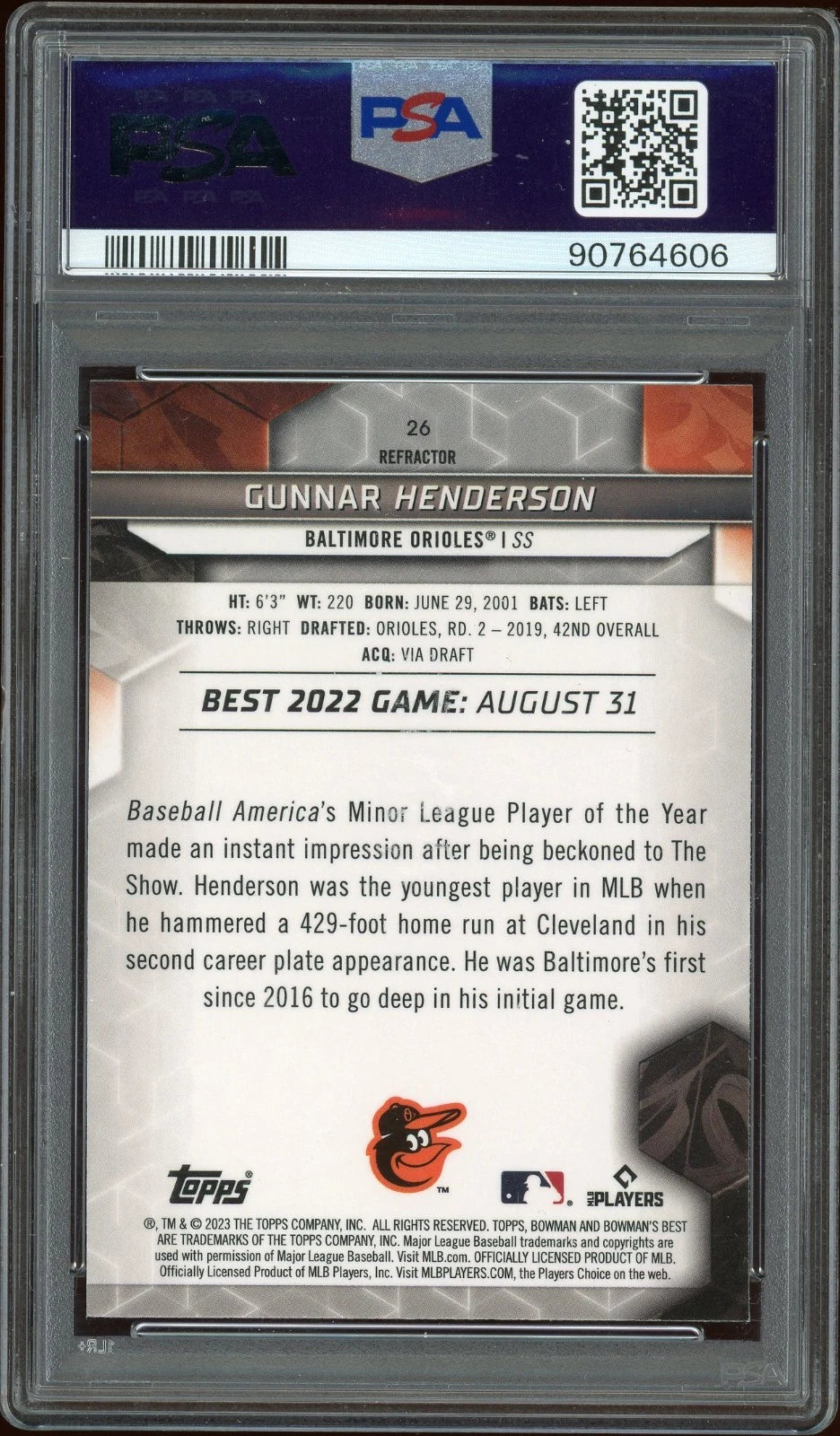 2023 Bowman's Best #26 Gunnar Henderson Refractor PSA 10