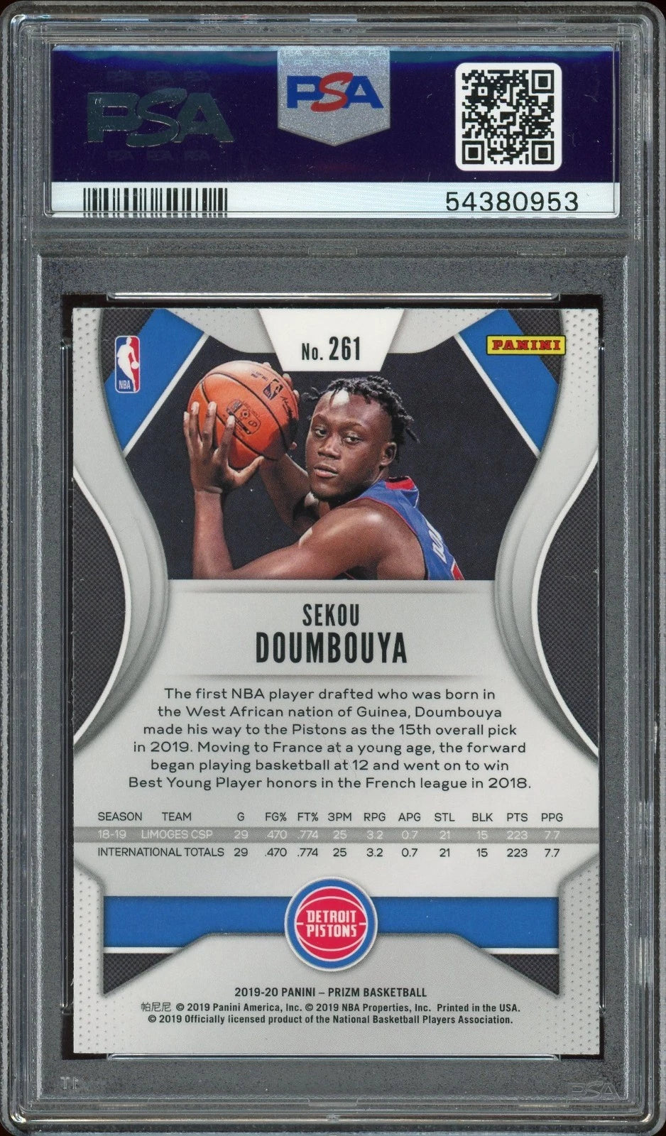 2019 Panini Prizm #261 Sekou Doumbouya PSA 9 Mint