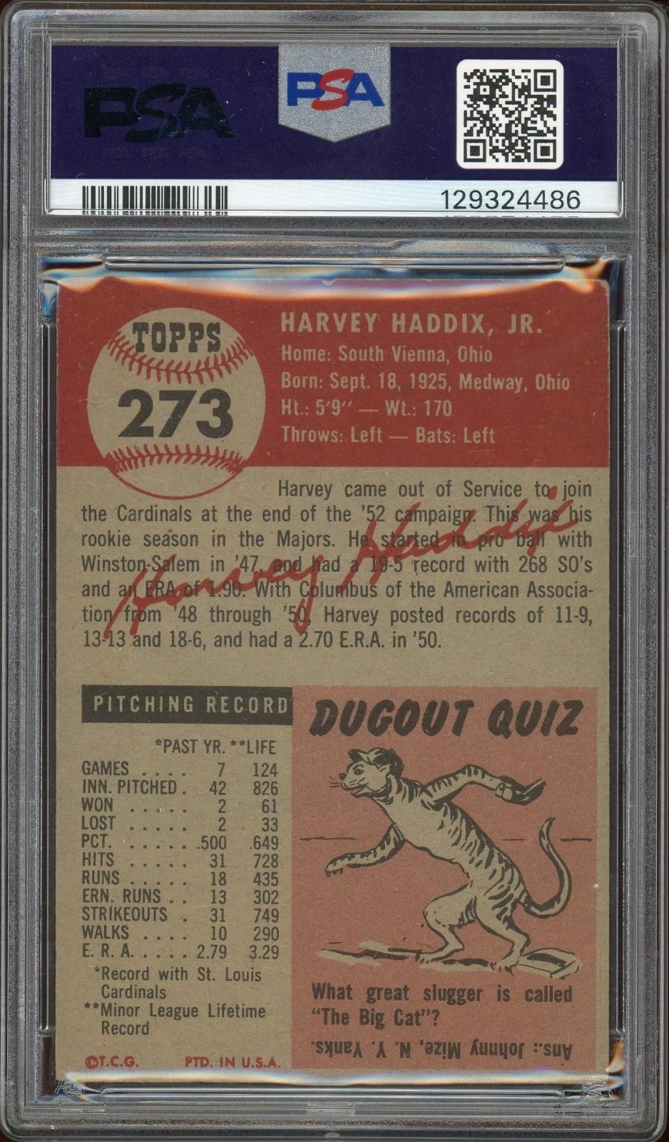 1953 Topps #273 Harvey Haddix PSA 2.5 GOOD +
