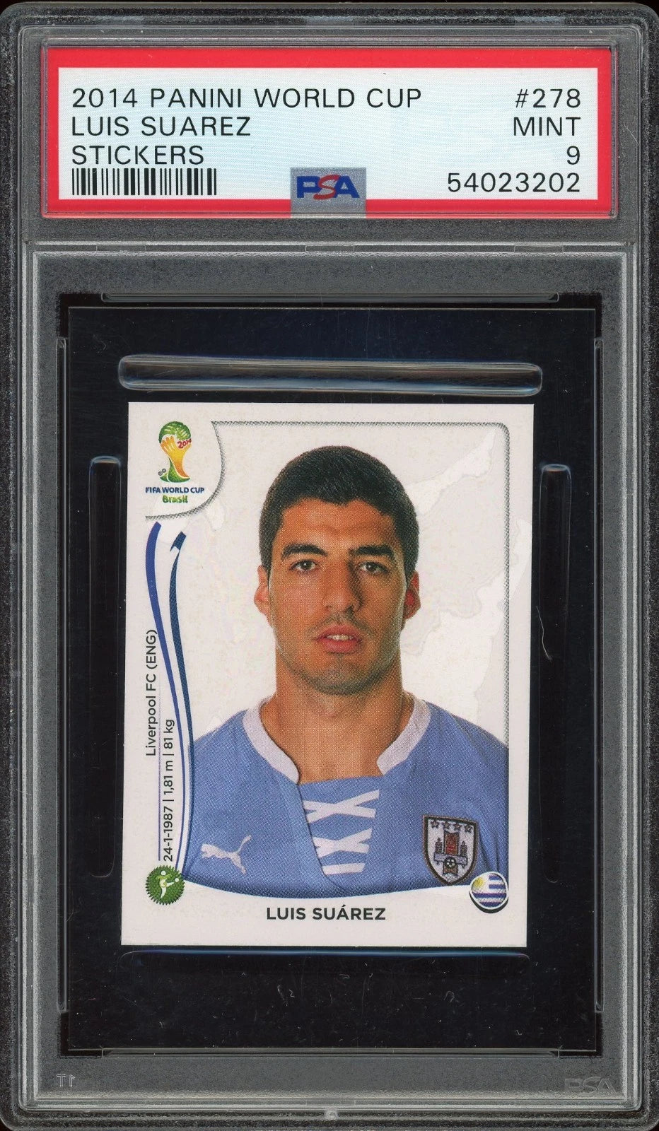 2014 Panini World Cup #278 Luis Suarez Stickers PSA 9 Mint
