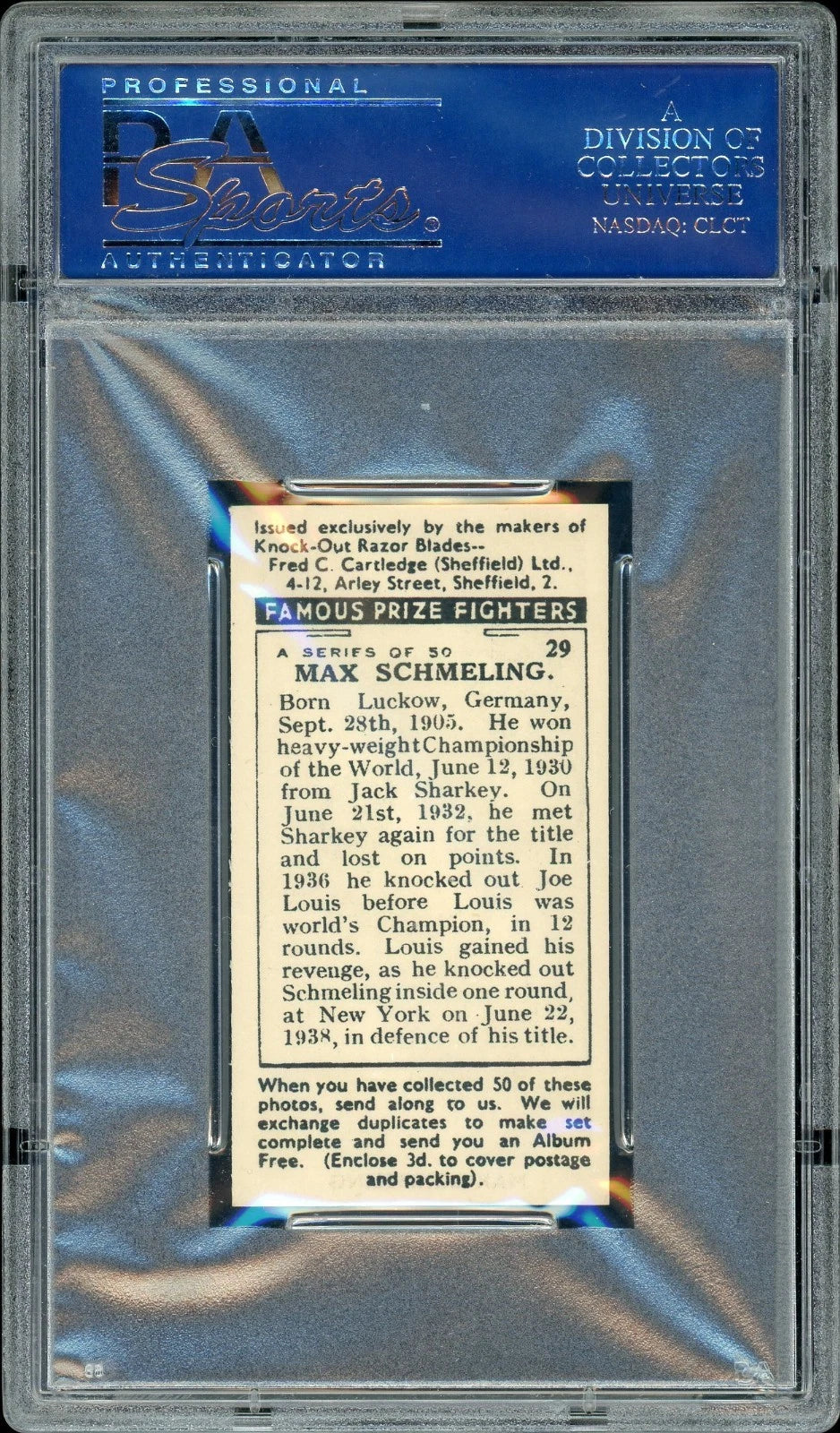1938 F.C. Cartledge #29 Max Schmeling Famous Prize Fighters PSA 8 NM-MT