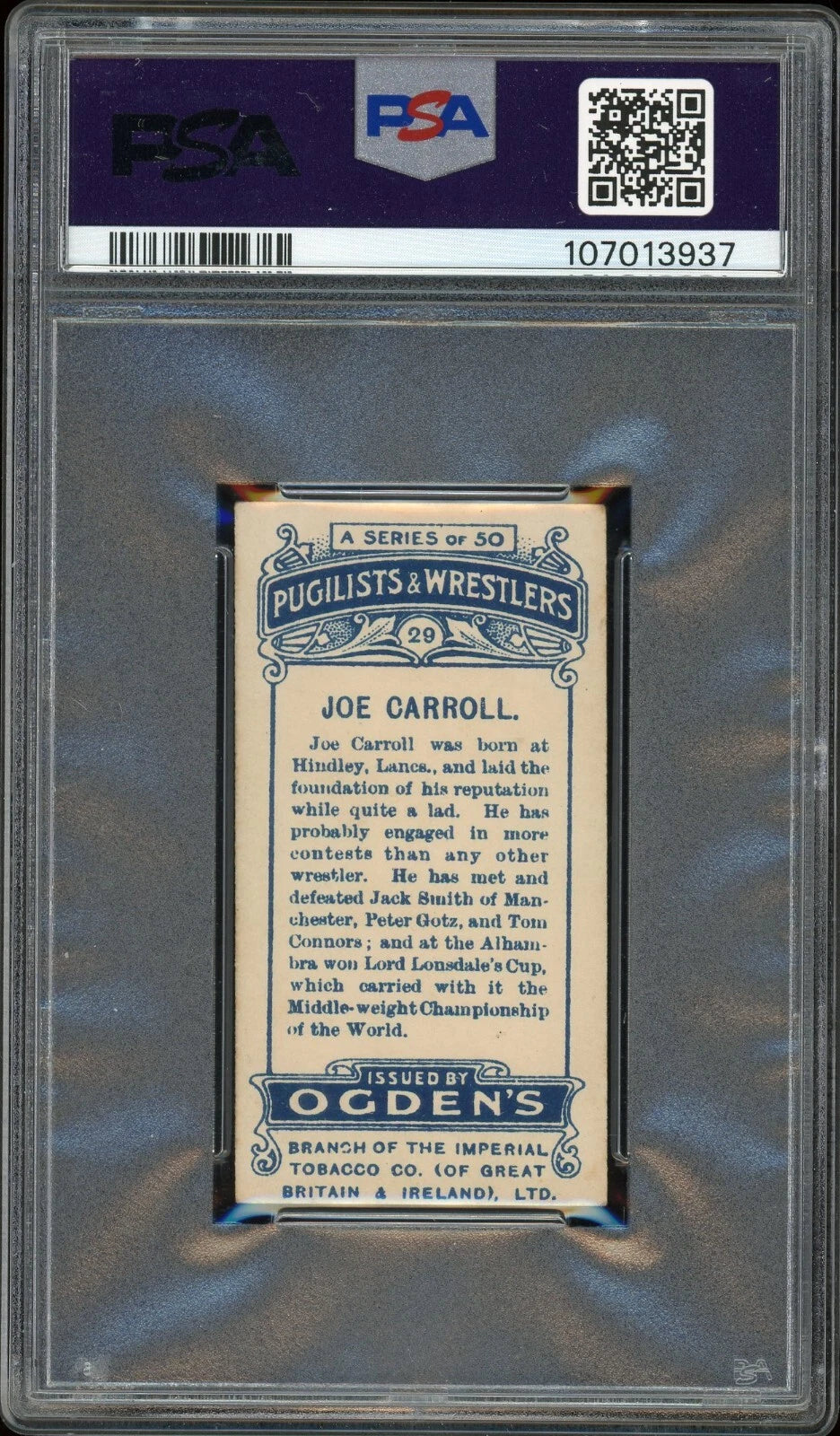 1908 Ogden's LTD #29 Joe Carroll Pugilists & Wrestlers Cream Back PSA 3 VG