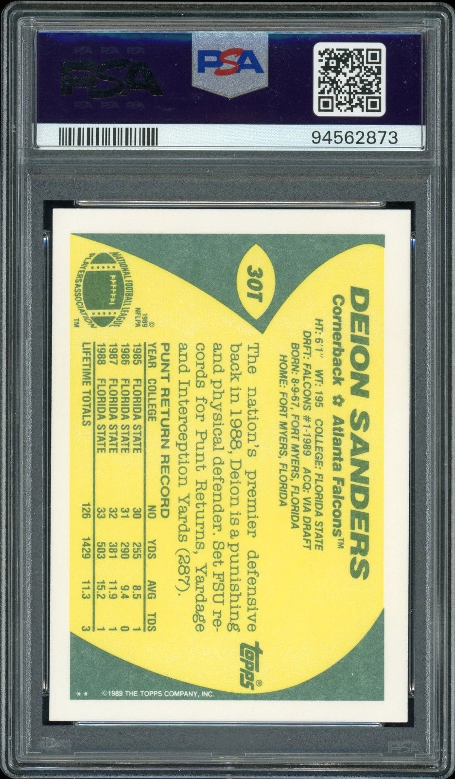 1989 Topps Traded Deion Sanders #30T PSA 9 Mint