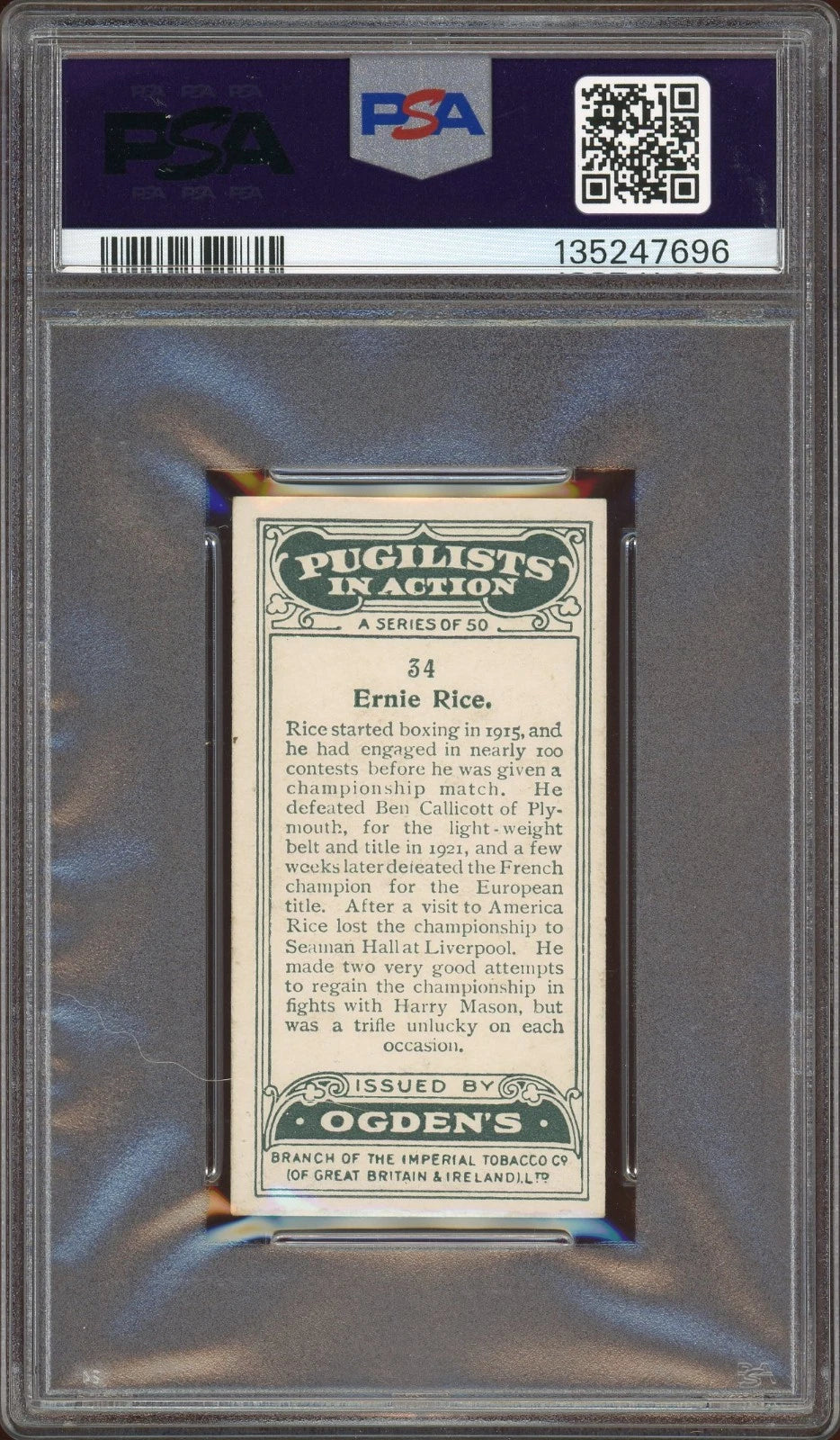1928 Ogden's LTD #34 Ernie Rice Pugilists in Action PSA 6 EX-MT