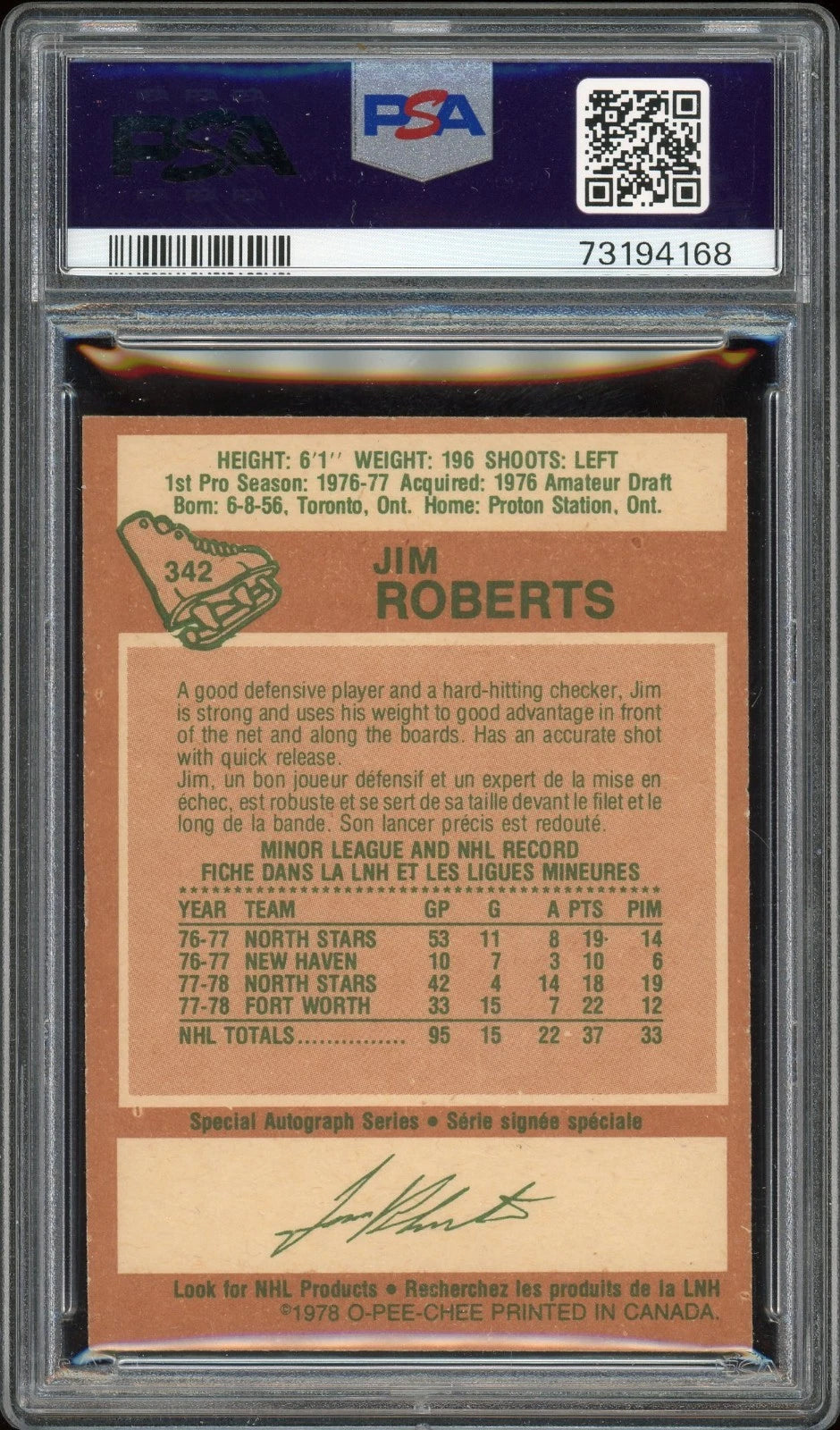 1978 O-Pee-Chee #342 Jim Roberts PSA 9 Mint
