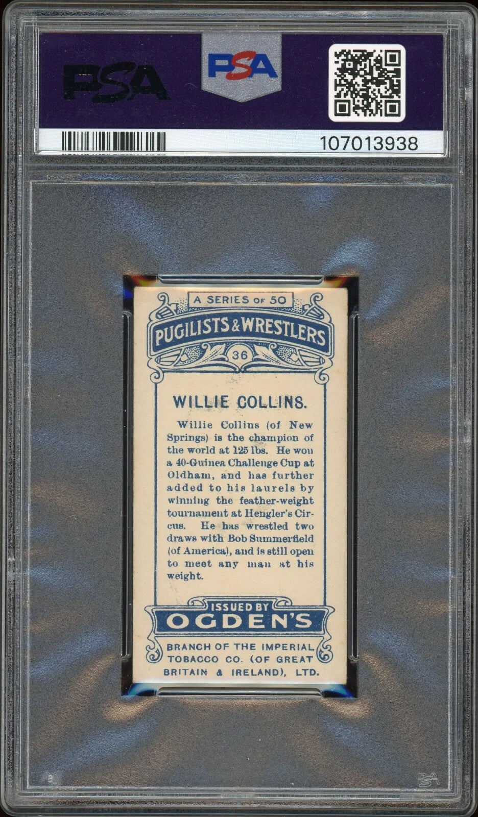 1908 Ogden's LTD #36 Willie Collins Pugilists & Wrestlers Cream Back PSA 3 VG