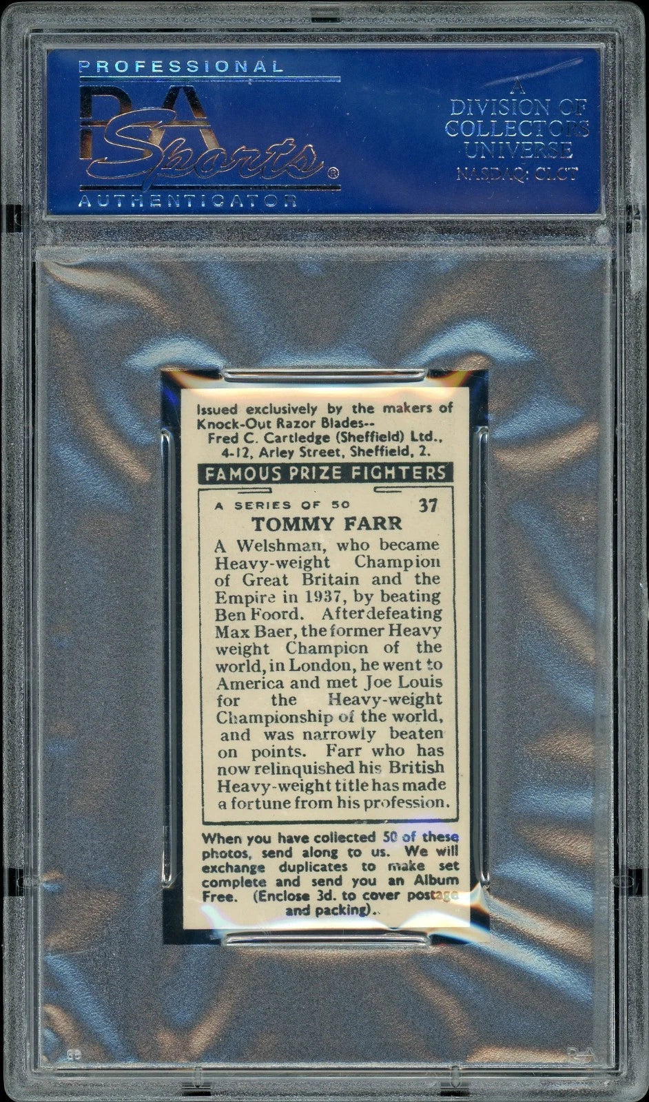 1938 F.C. Cartledge #37 Tommy Farr Famous Prize Fighters PSA 8 NM-MT