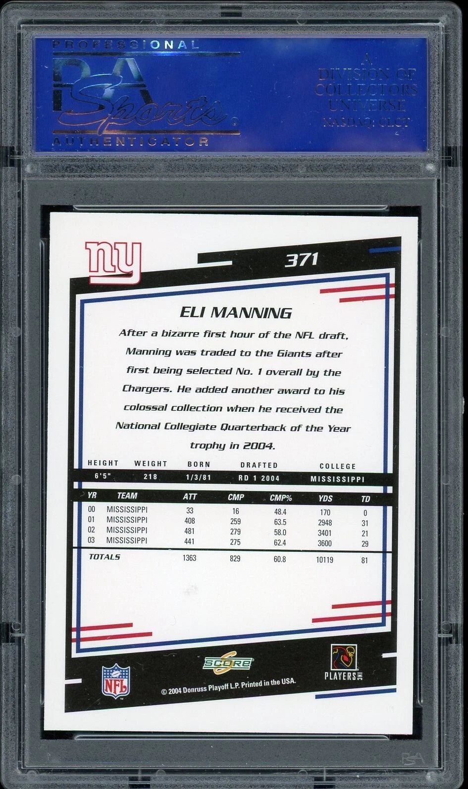 2004 Score #371 Eli Manning PSA 10 GEM MT