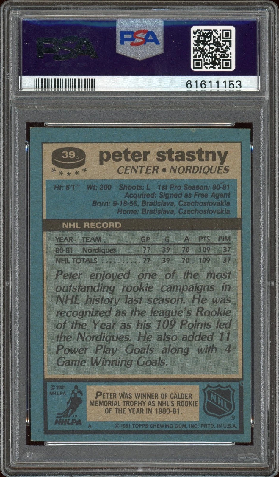 1981 Topps #39 Peter Stastny PSA 8 NM-MT